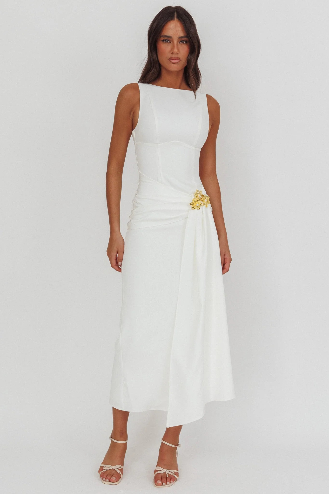 Zimora Gold Buckle Waist Drape Maxi Dress White