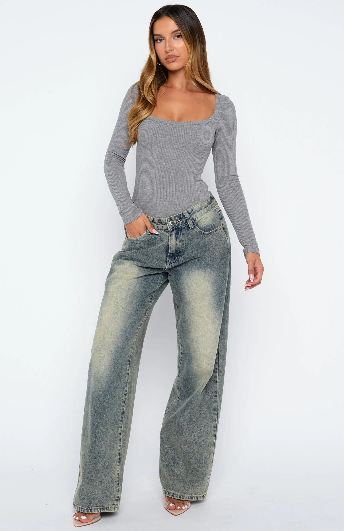 Easy Weekend Ribbed Long Sleeve Bodysuit Grey