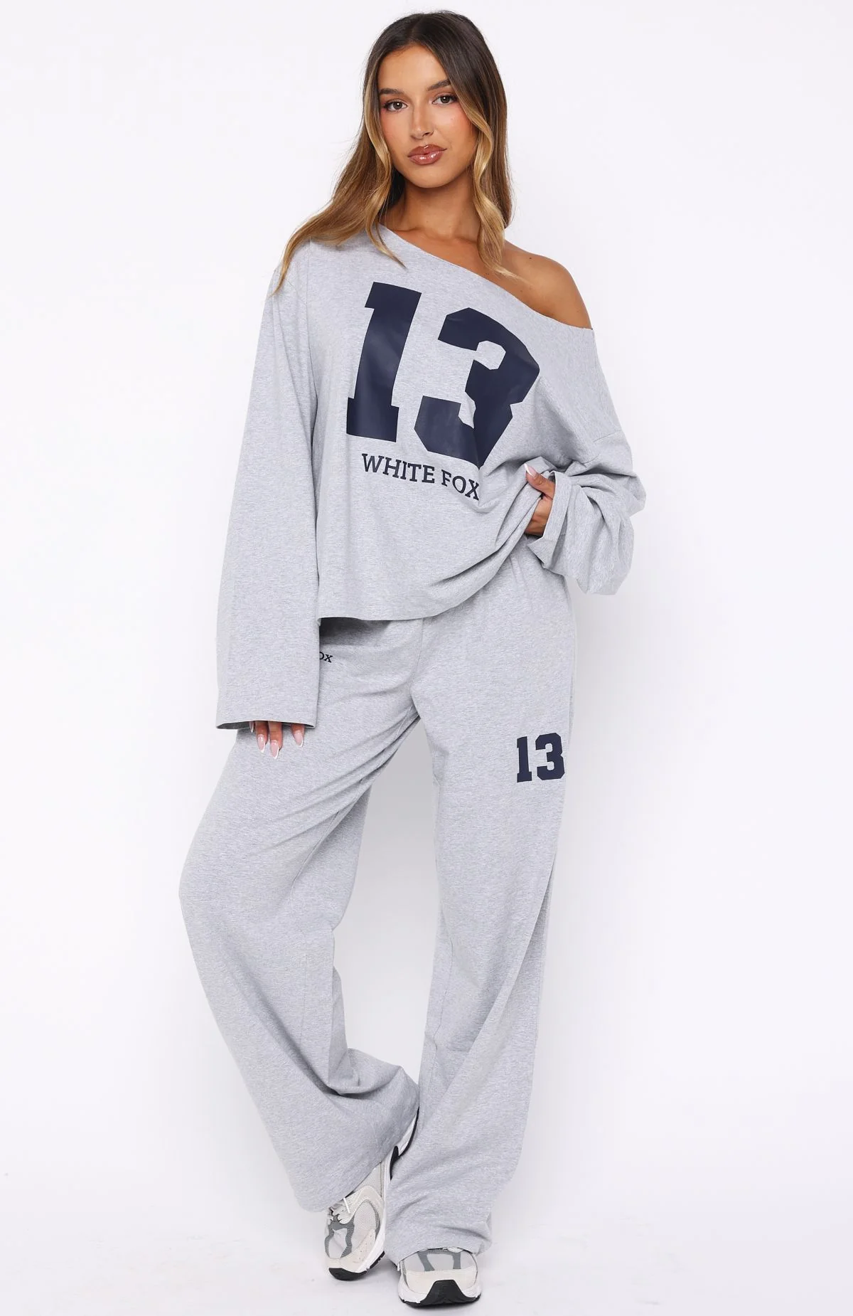 Only One Left Off Shoulder Oversized Long Sleeve Tee Grey Marle