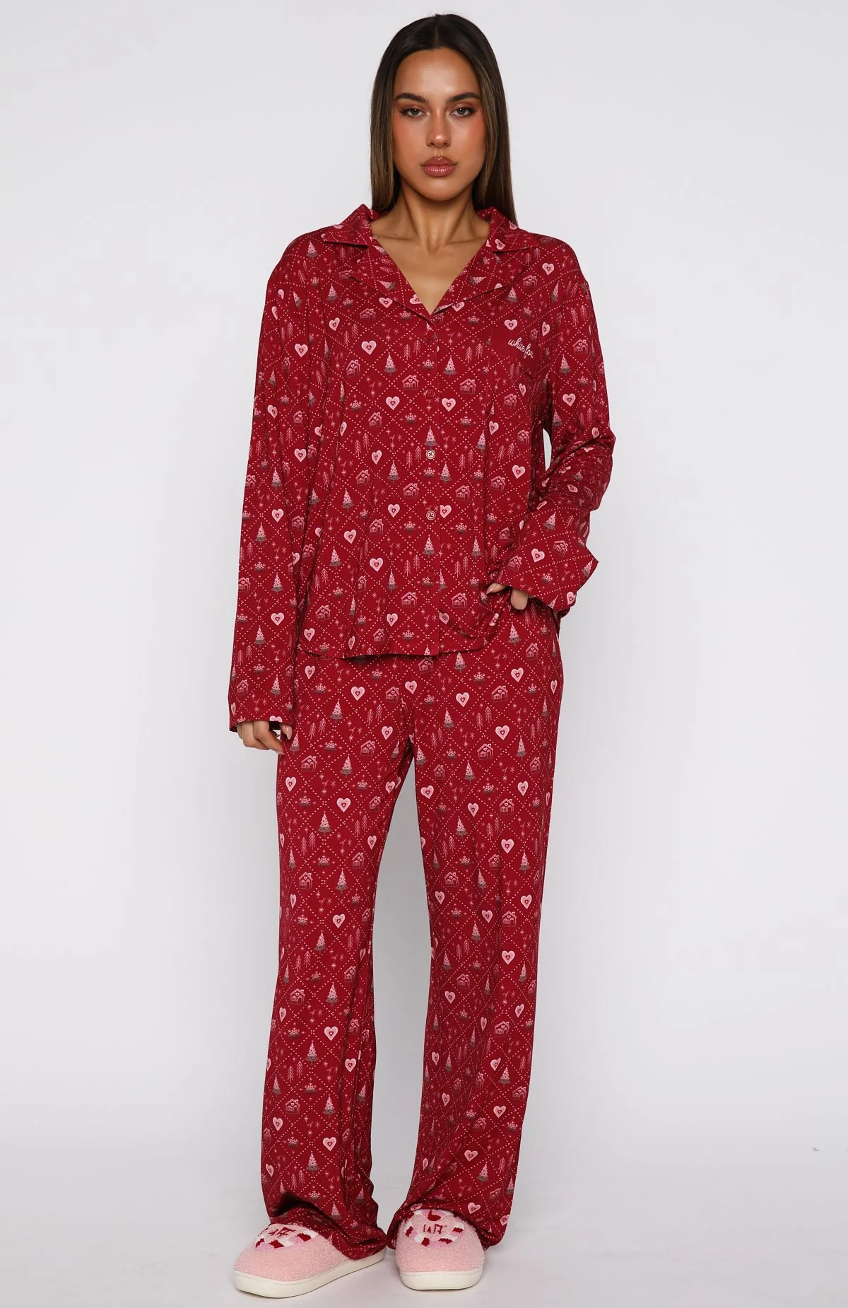 Pillow Talk Printed Long Sleeve Pyjama Set Cherry Noel
