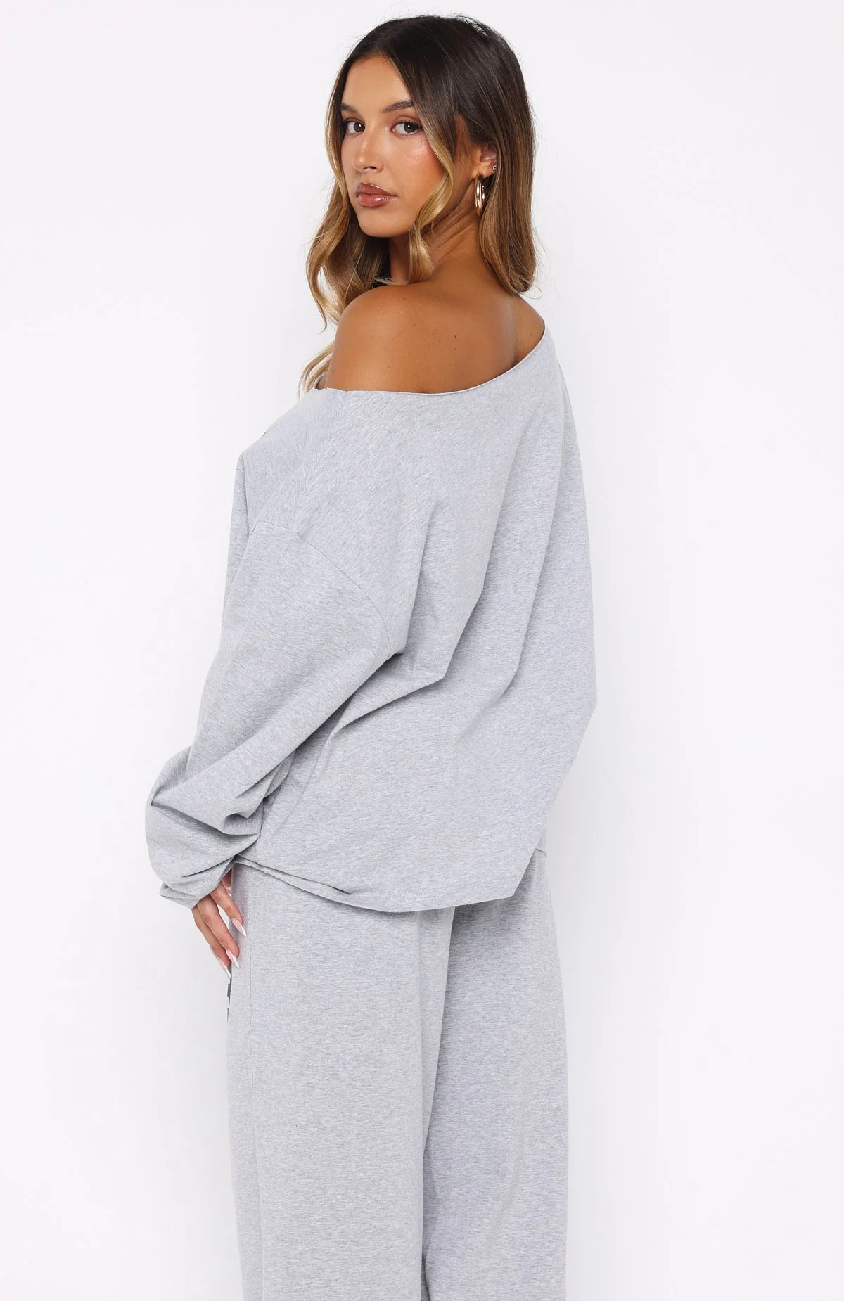 Only One Left Off Shoulder Oversized Long Sleeve Tee Grey Marle