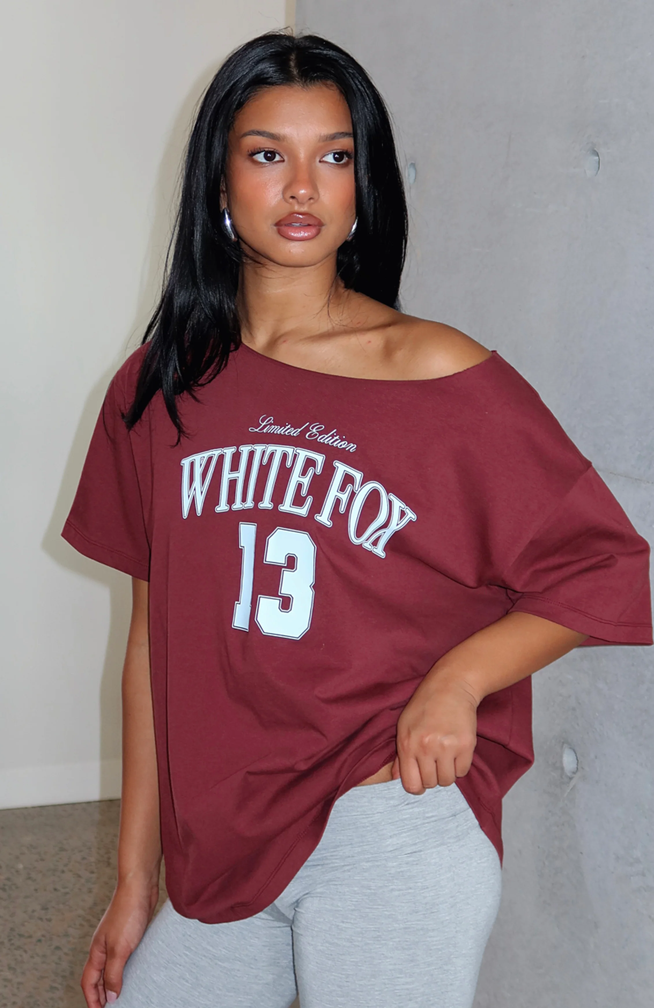 Everything In Time Off Shoulder Oversized Tee Burgundy