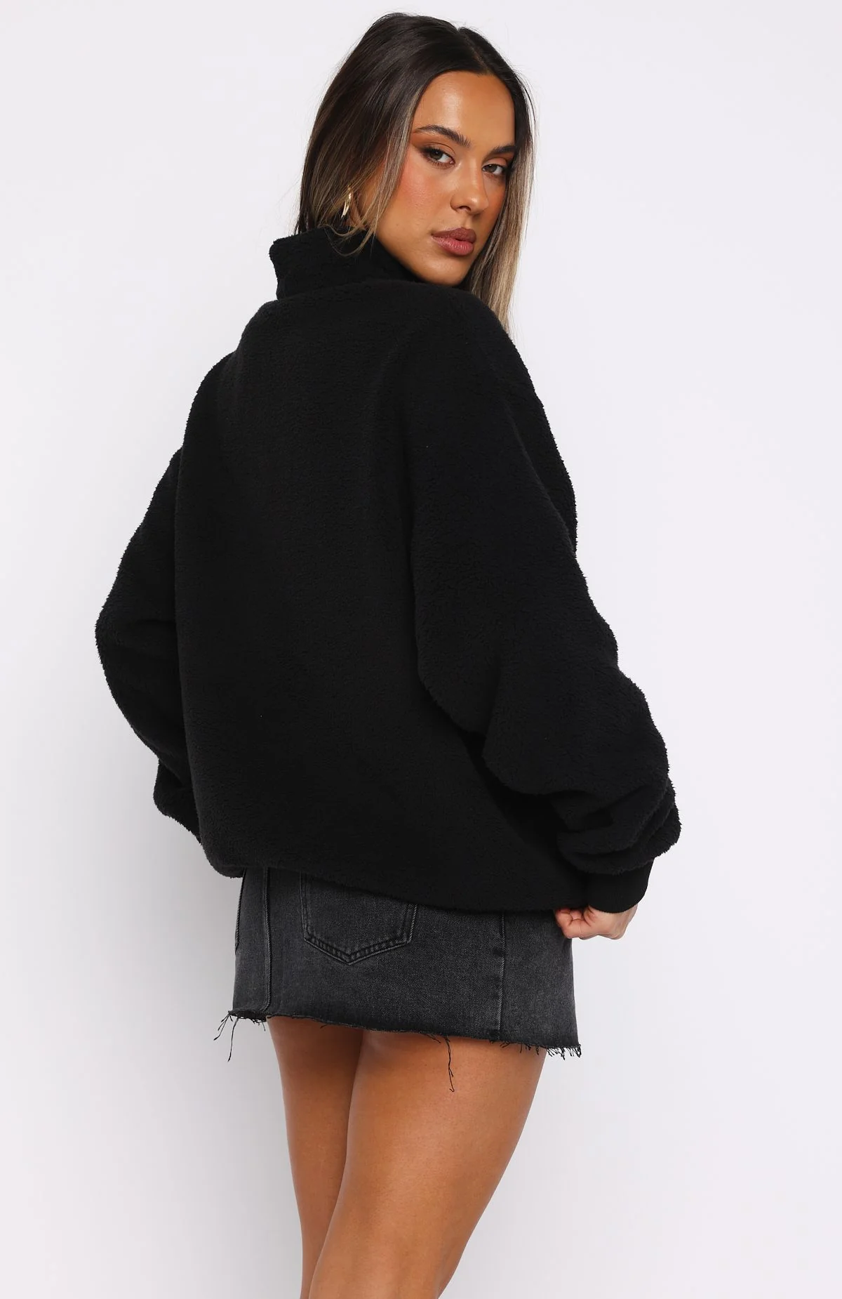 Hard To Stay Focused Teddy Borg Zip Front Sweater Black