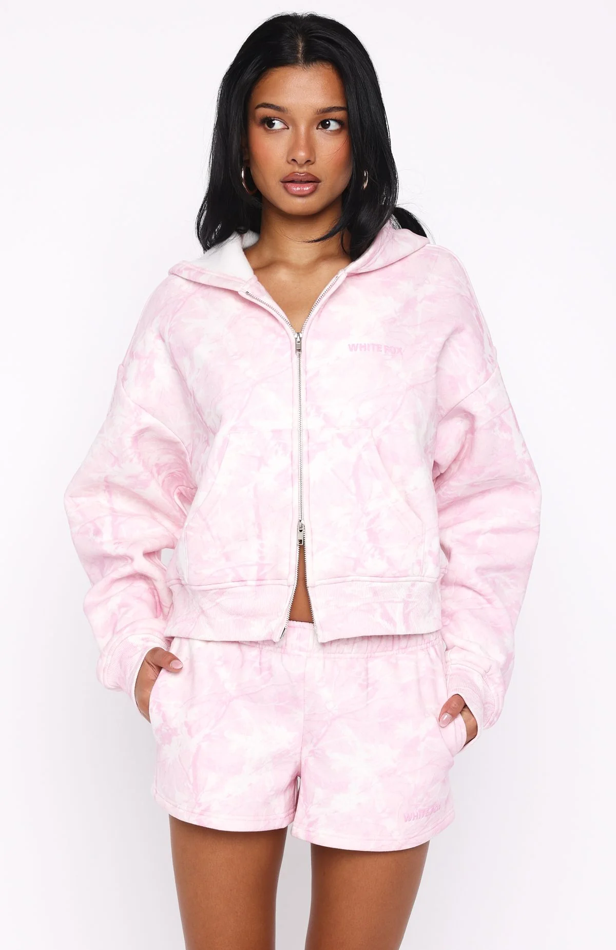Hiding Away Boxy Zip Front Hoodie Pink Camo