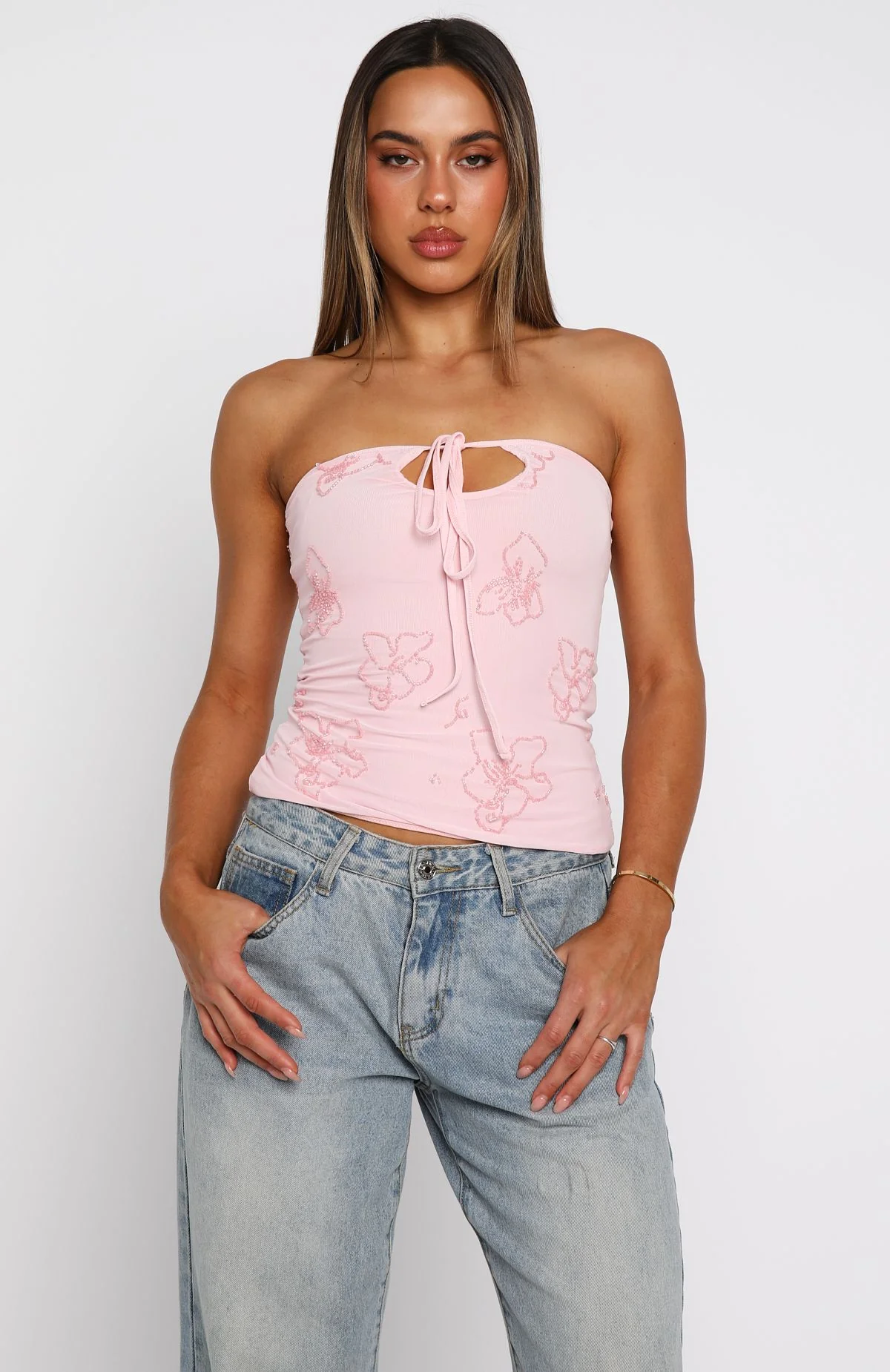 Glow Season Beaded Strapless Top Baby Pink