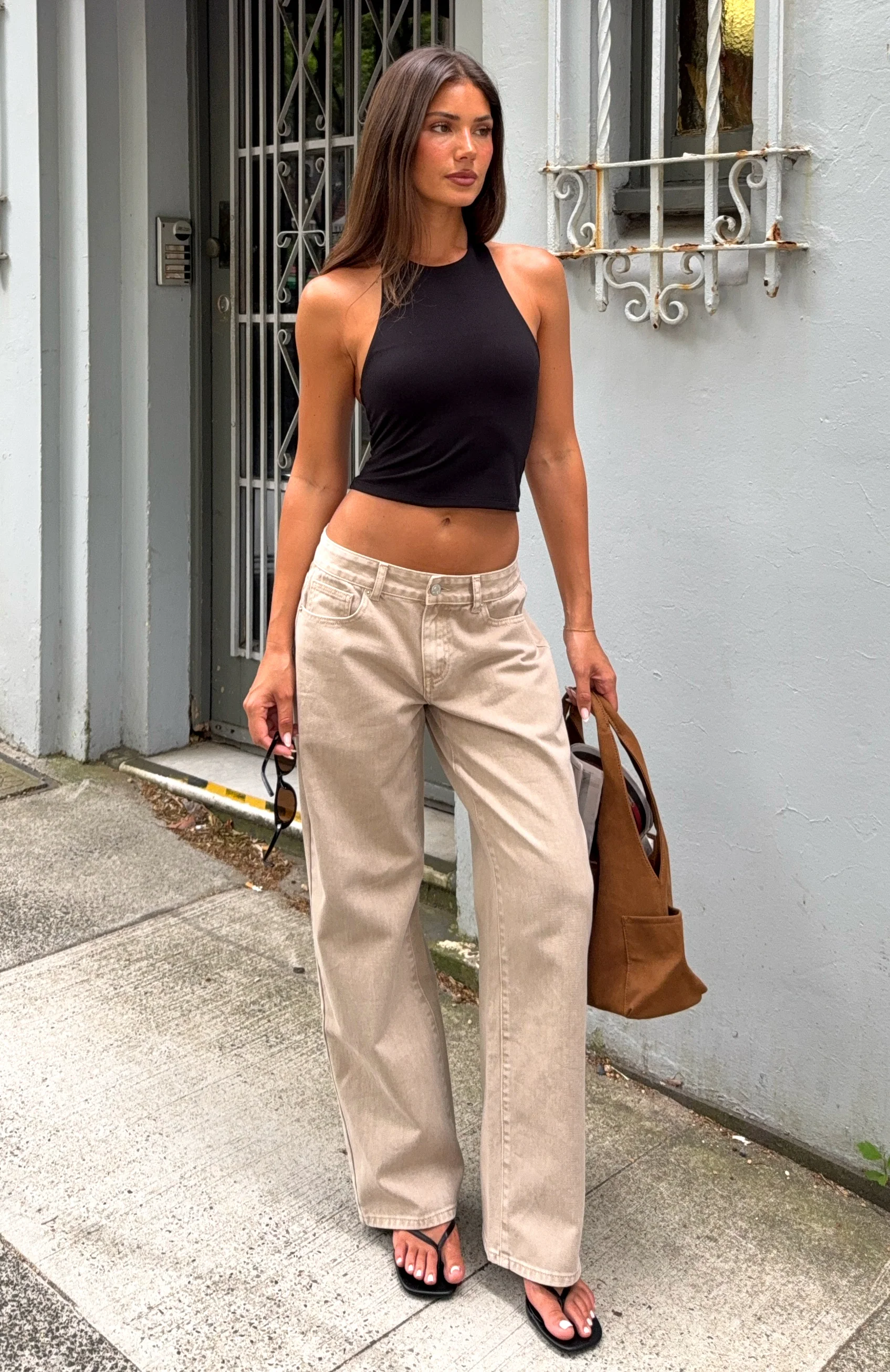 Bring The Style Low Rise Wide Leg Jeans Sesame Wash