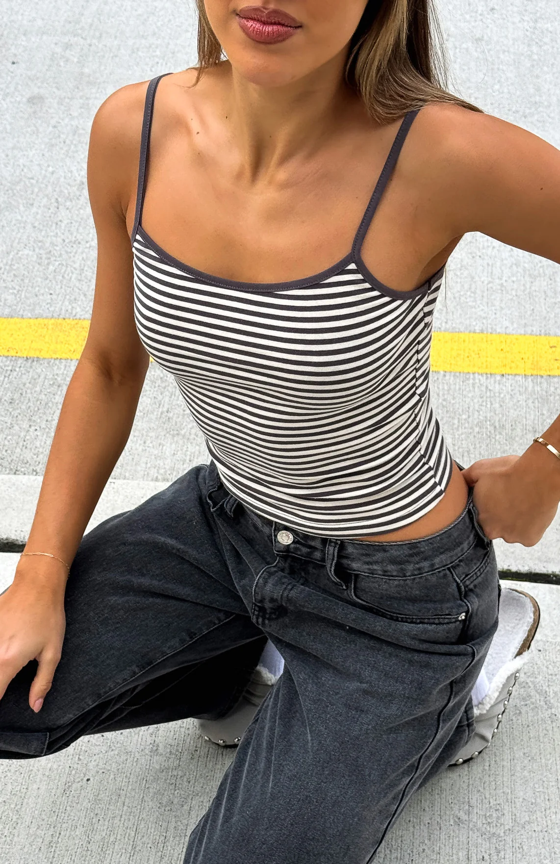 Just Let It Go Singlet Charcoal/White Stripe