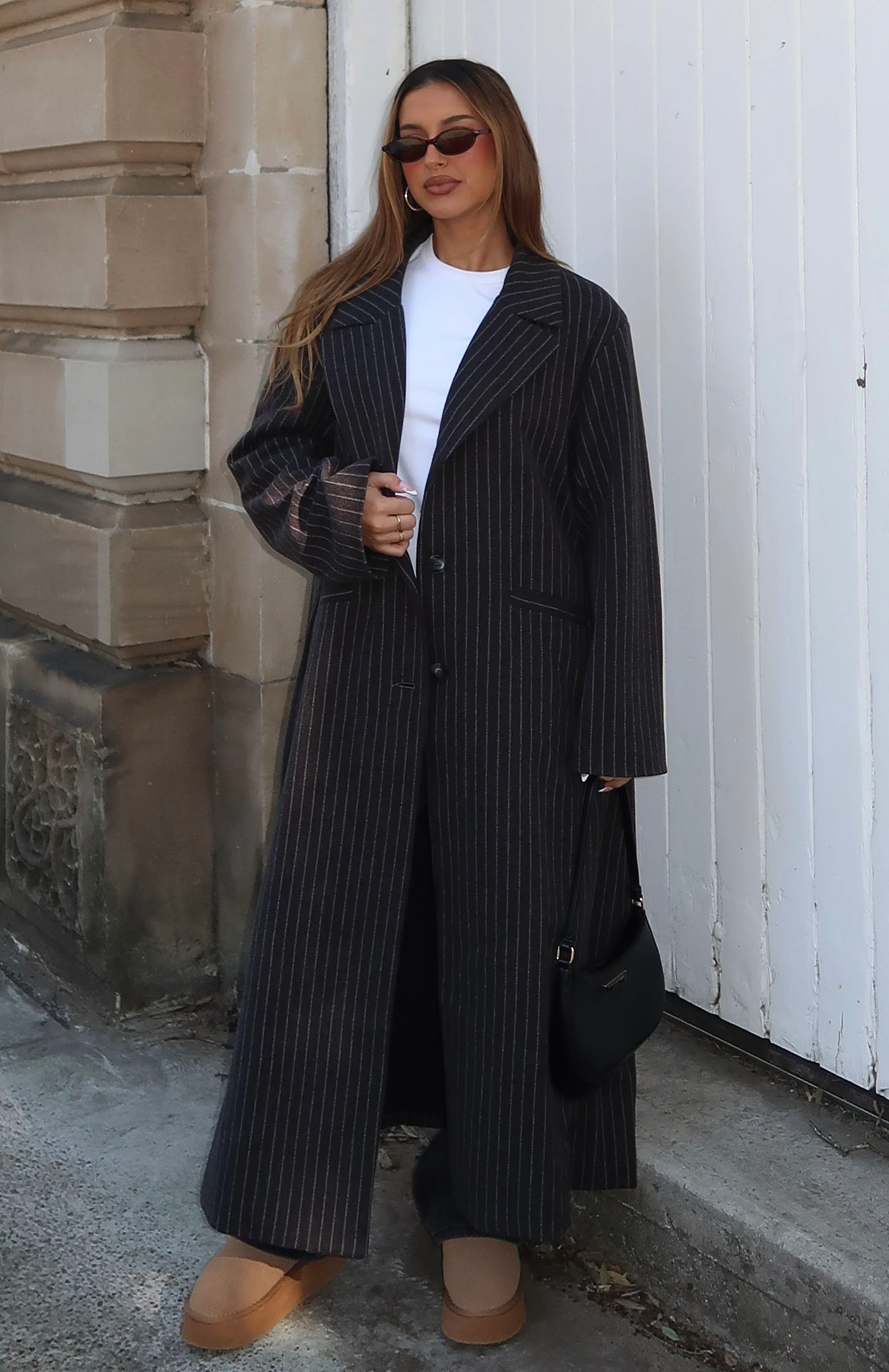 Walk By Me Oversized Coat Charcoal Pinstripe