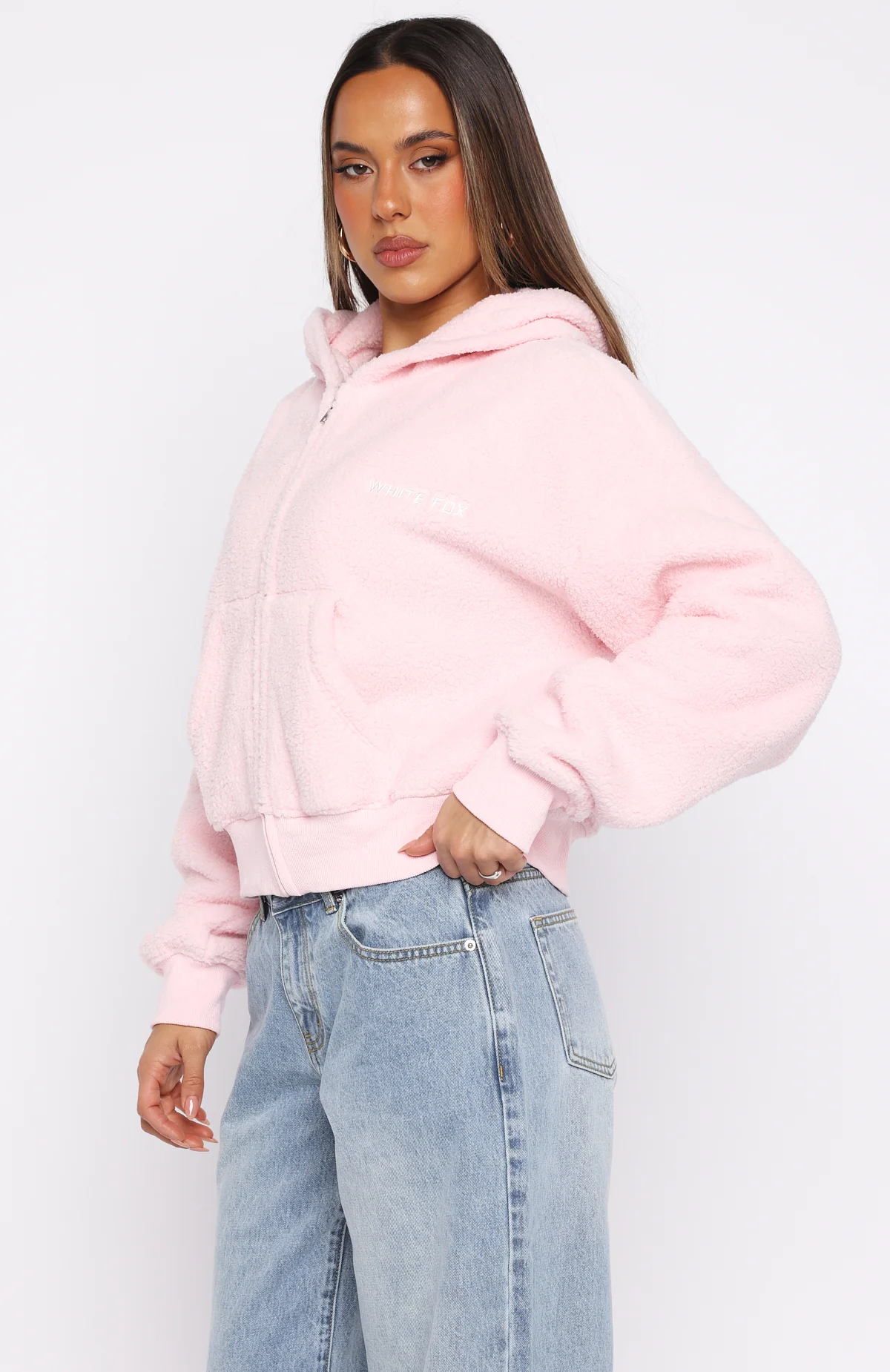 Always First Teddy Borg Boxy Zip Front Hoodie Pink