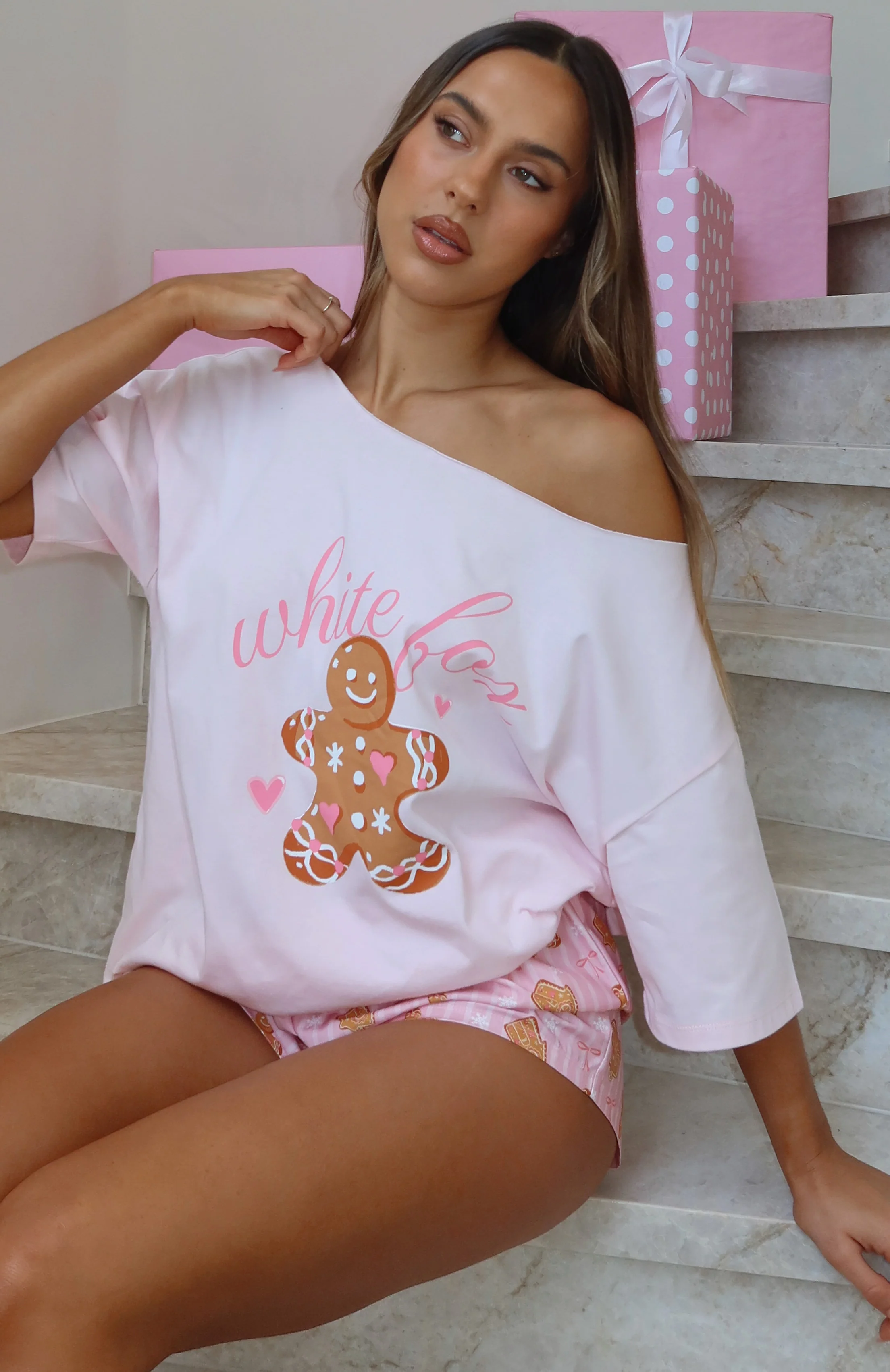 Sweetheart Pyjama Off Shoulder Tee Soft Pink