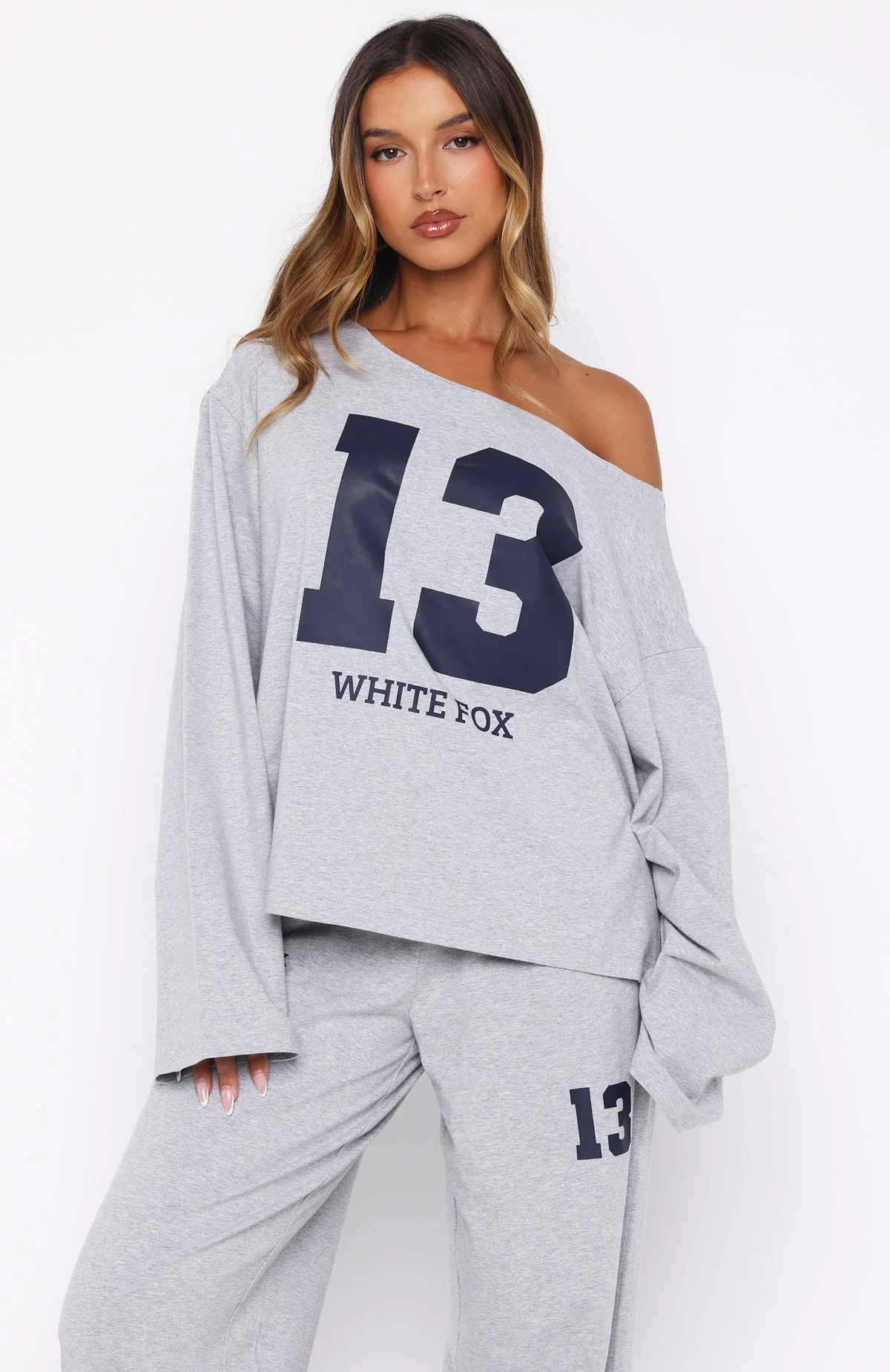 Only One Left Off Shoulder Oversized Long Sleeve Tee Grey Marle
