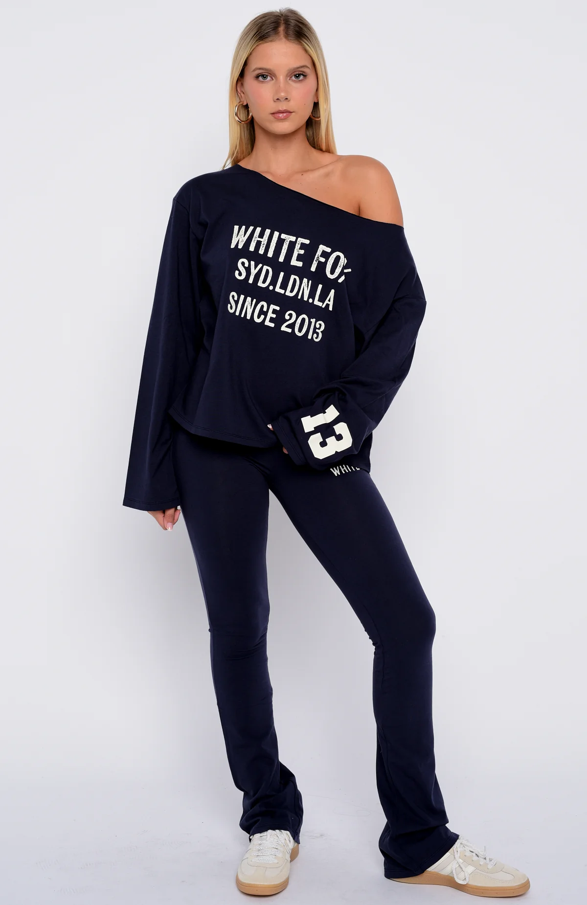 Topic Of Discussion Off Shoulder Oversized Long Sleeve Tee Navy