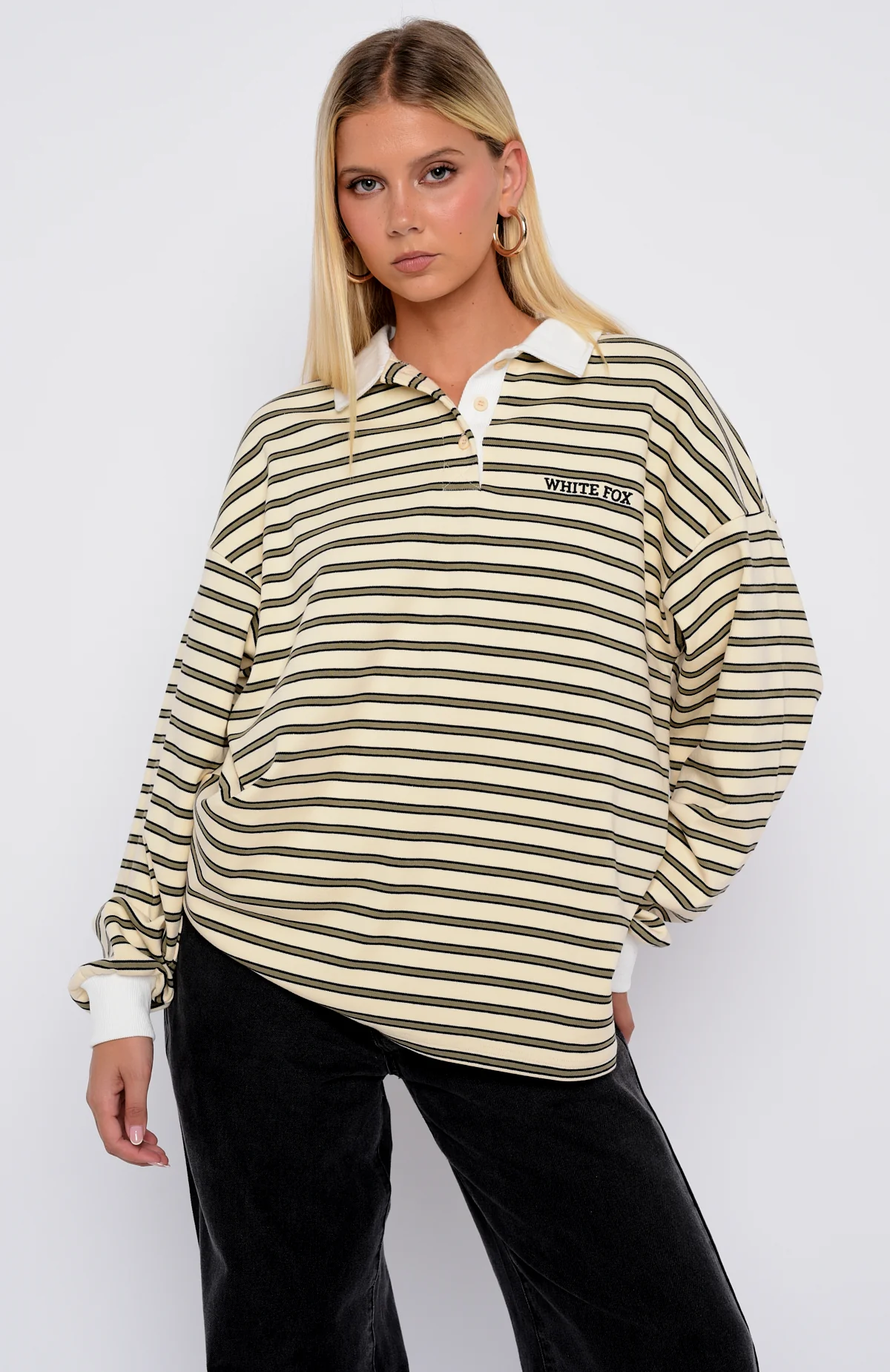 Out Again Long Sleeve Rugby Shirt Cream/Olive Stripe