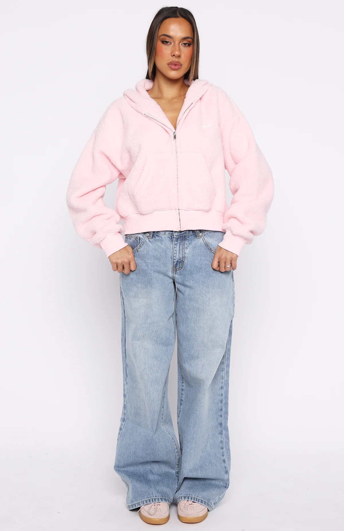 Always First Teddy Borg Boxy Zip Front Hoodie Pink