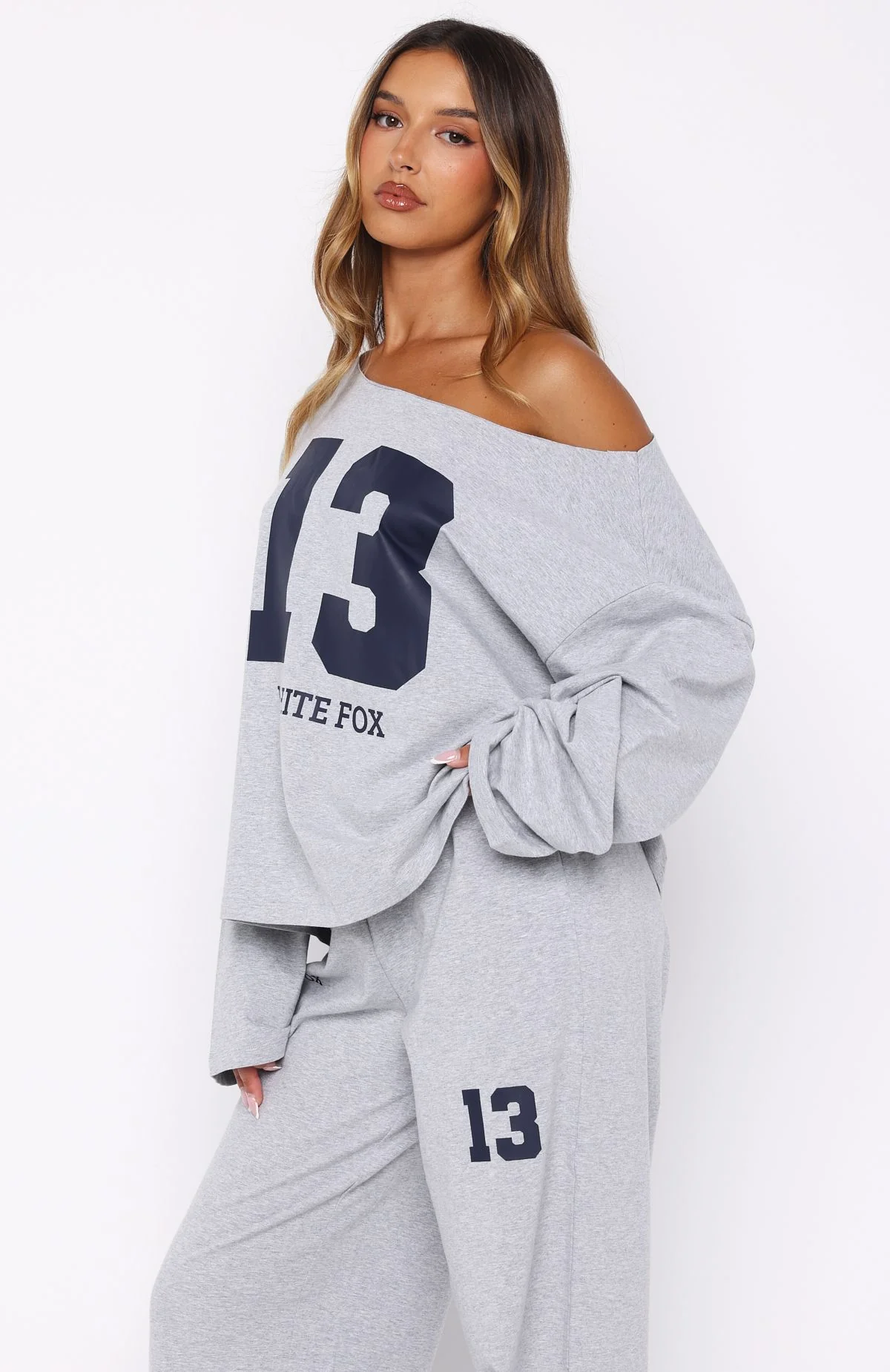 Only One Left Off Shoulder Oversized Long Sleeve Tee Grey Marle
