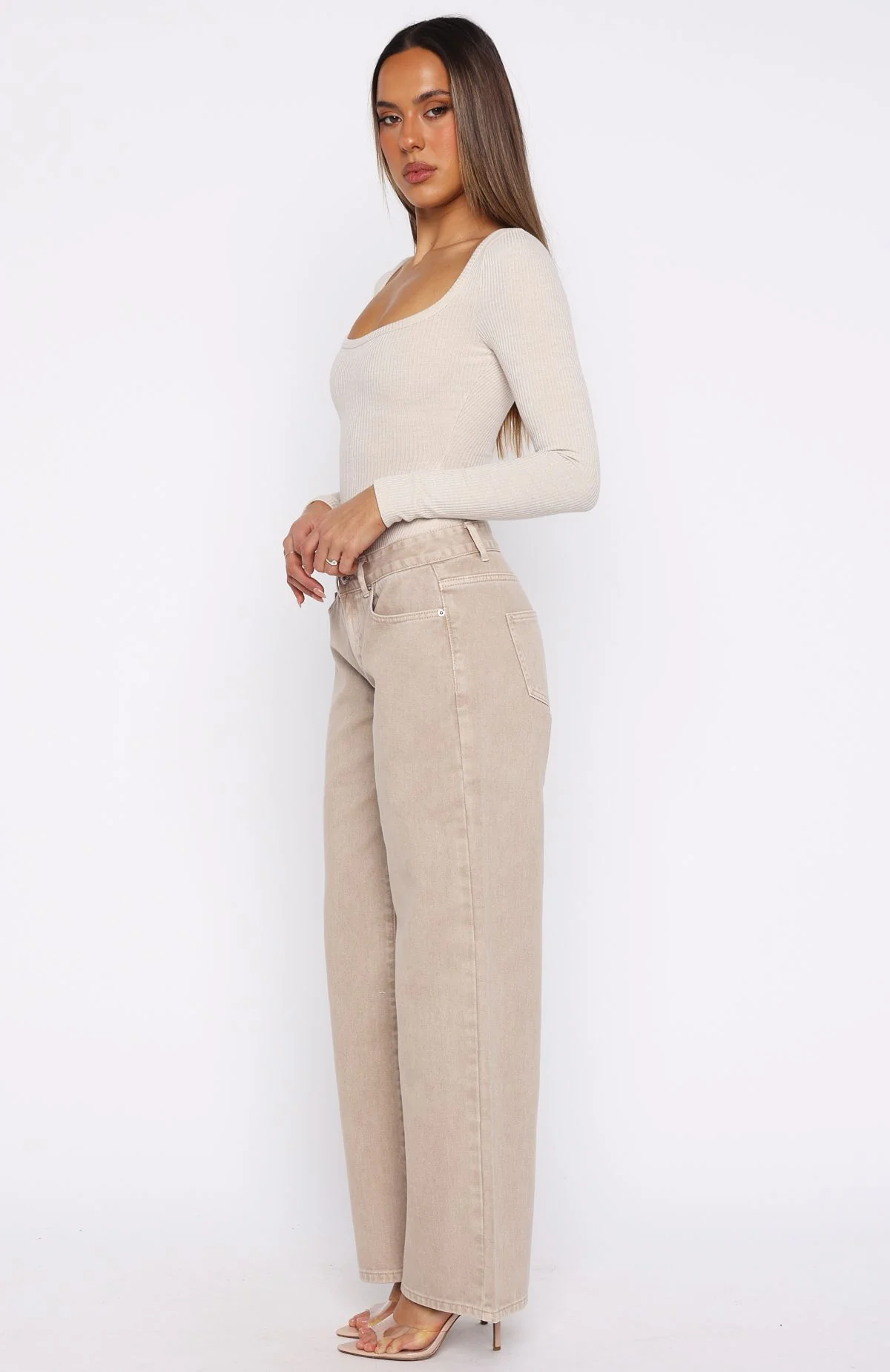Bring The Style Low Rise Wide Leg Jeans Sesame Wash