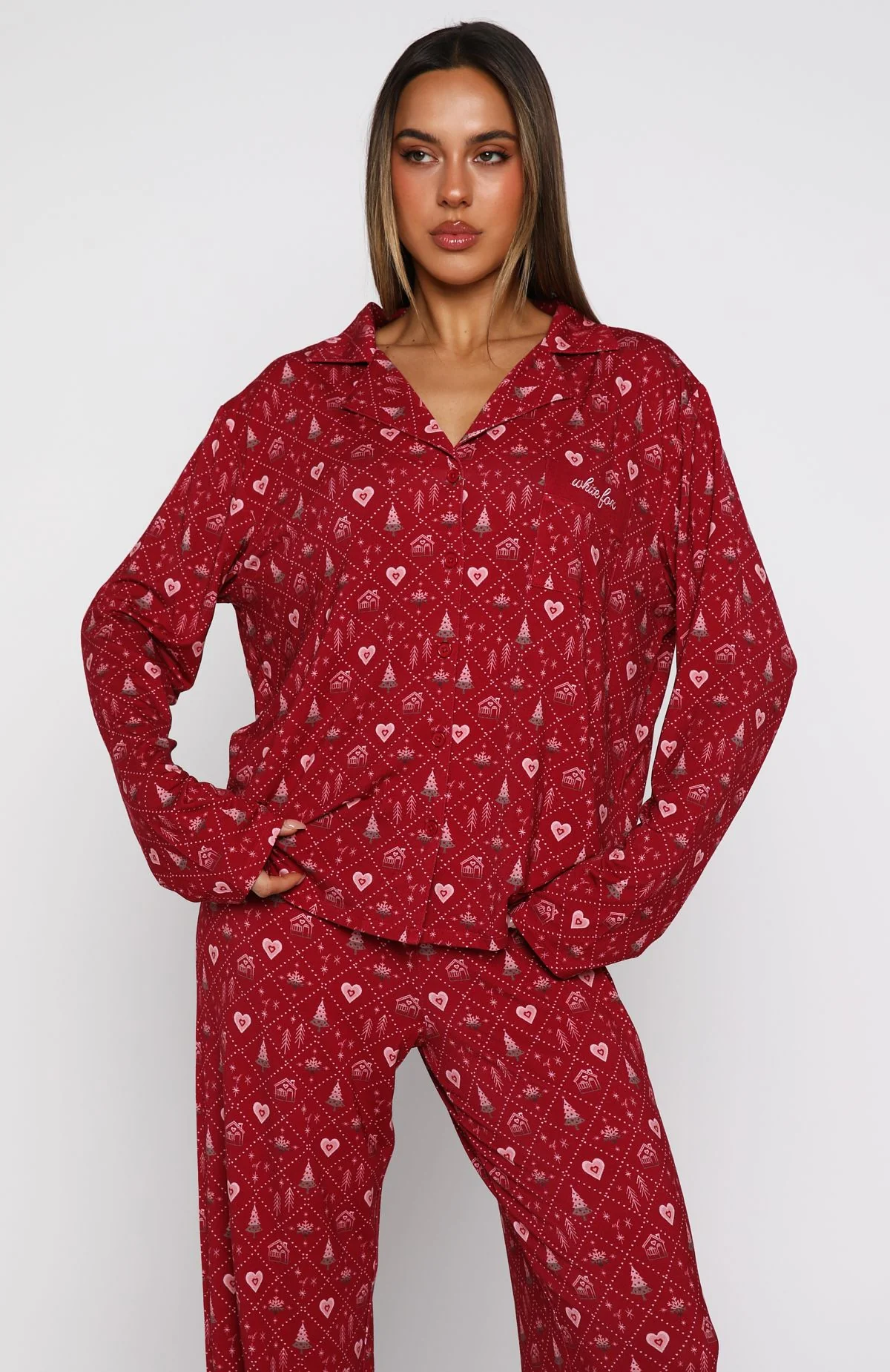 Pillow Talk Printed Long Sleeve Pyjama Set Cherry Noel