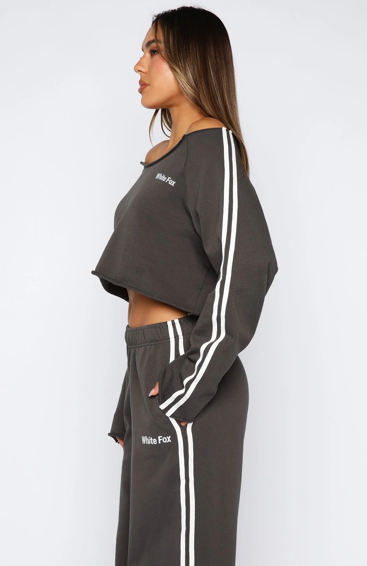 Star Student Cropped Off Shoulder Sweater Charcoal