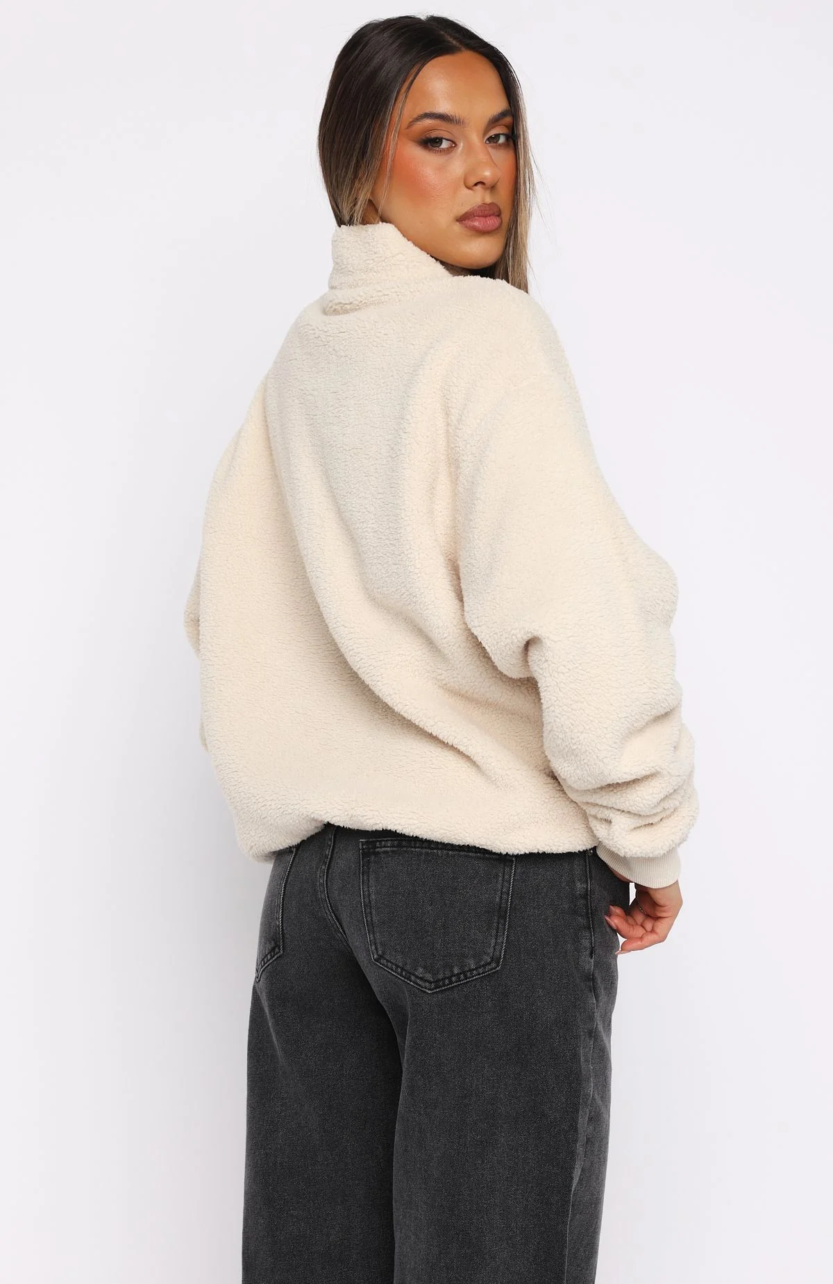 Hard To Stay Focused Teddy Borg Zip Front Sweater Cream
