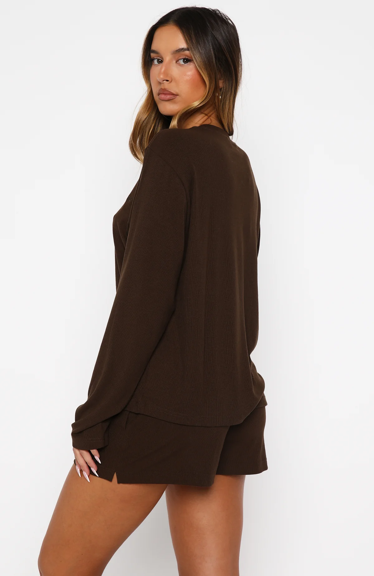 Come A Long Way Soft Lounge Ribbed Shorts Chocolate