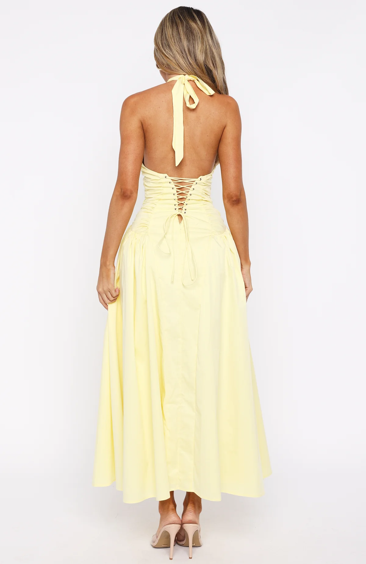 Tinsel Trouble Halter Midi Dress Lemon