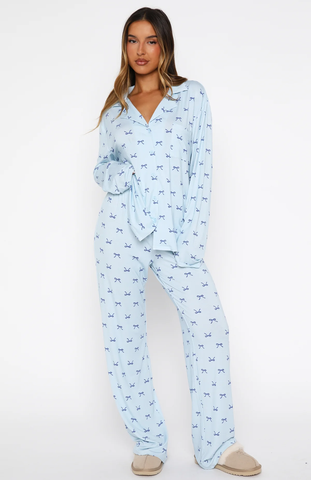Pillow Talk Printed Long Sleeve Pyjama Set Sky Ribbons