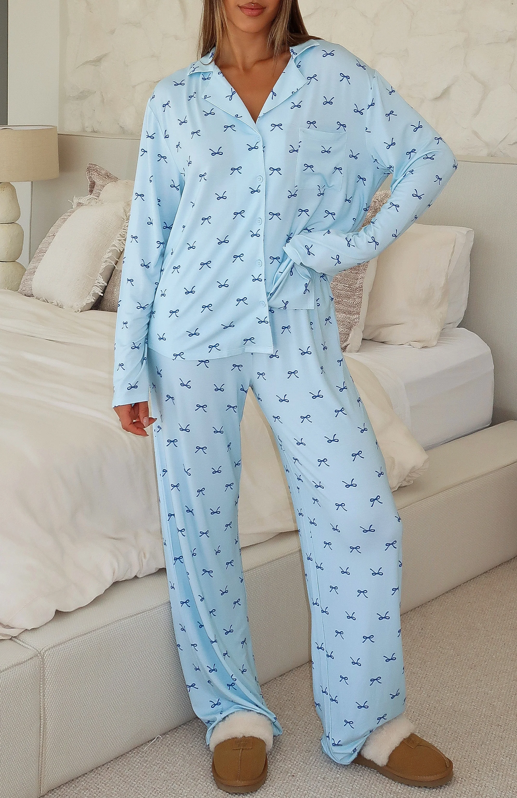 Pillow Talk Printed Long Sleeve Pyjama Set Sky Ribbons