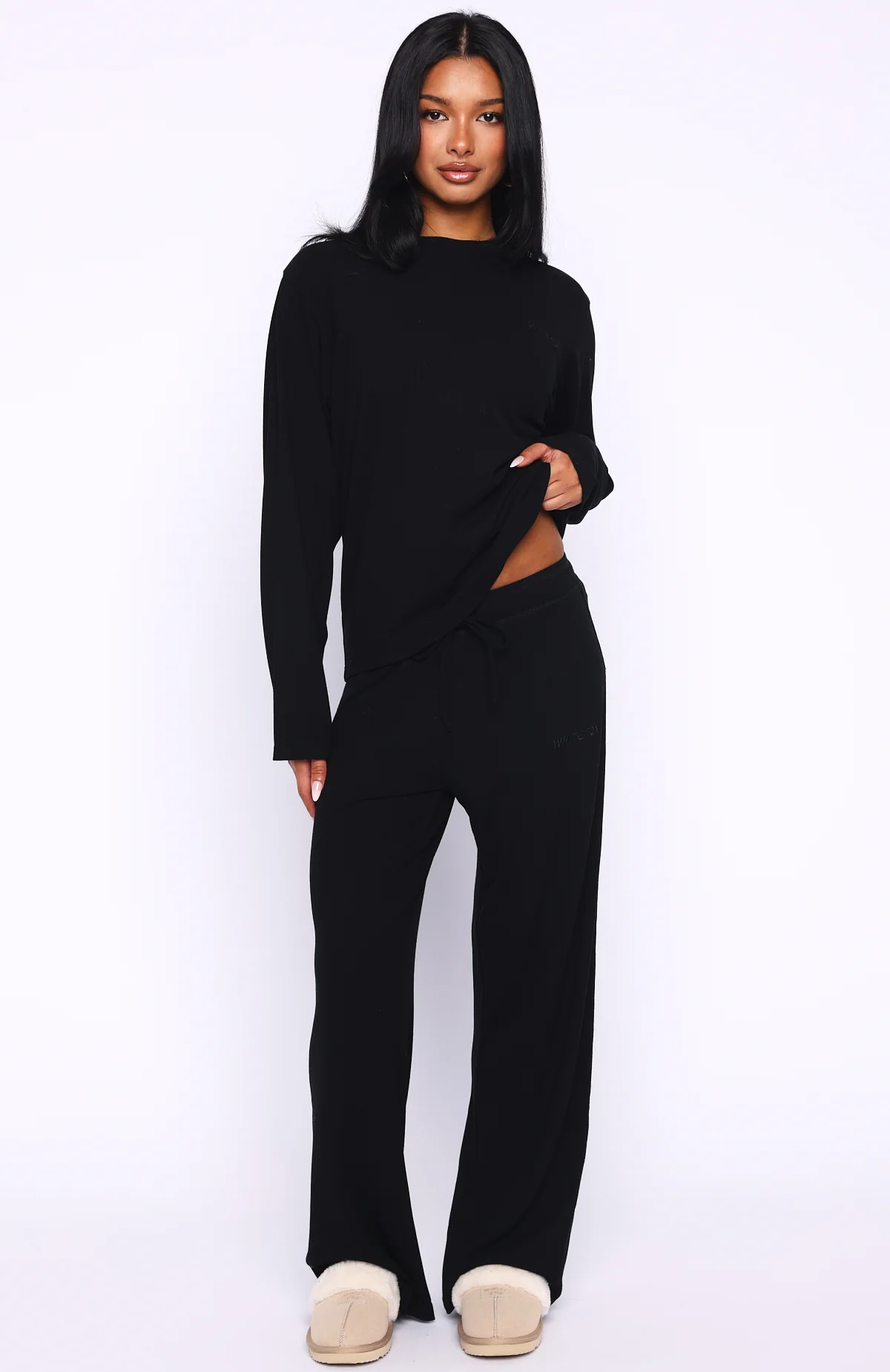 Come A Long Way Soft Lounge Ribbed Wide Leg Pants Black