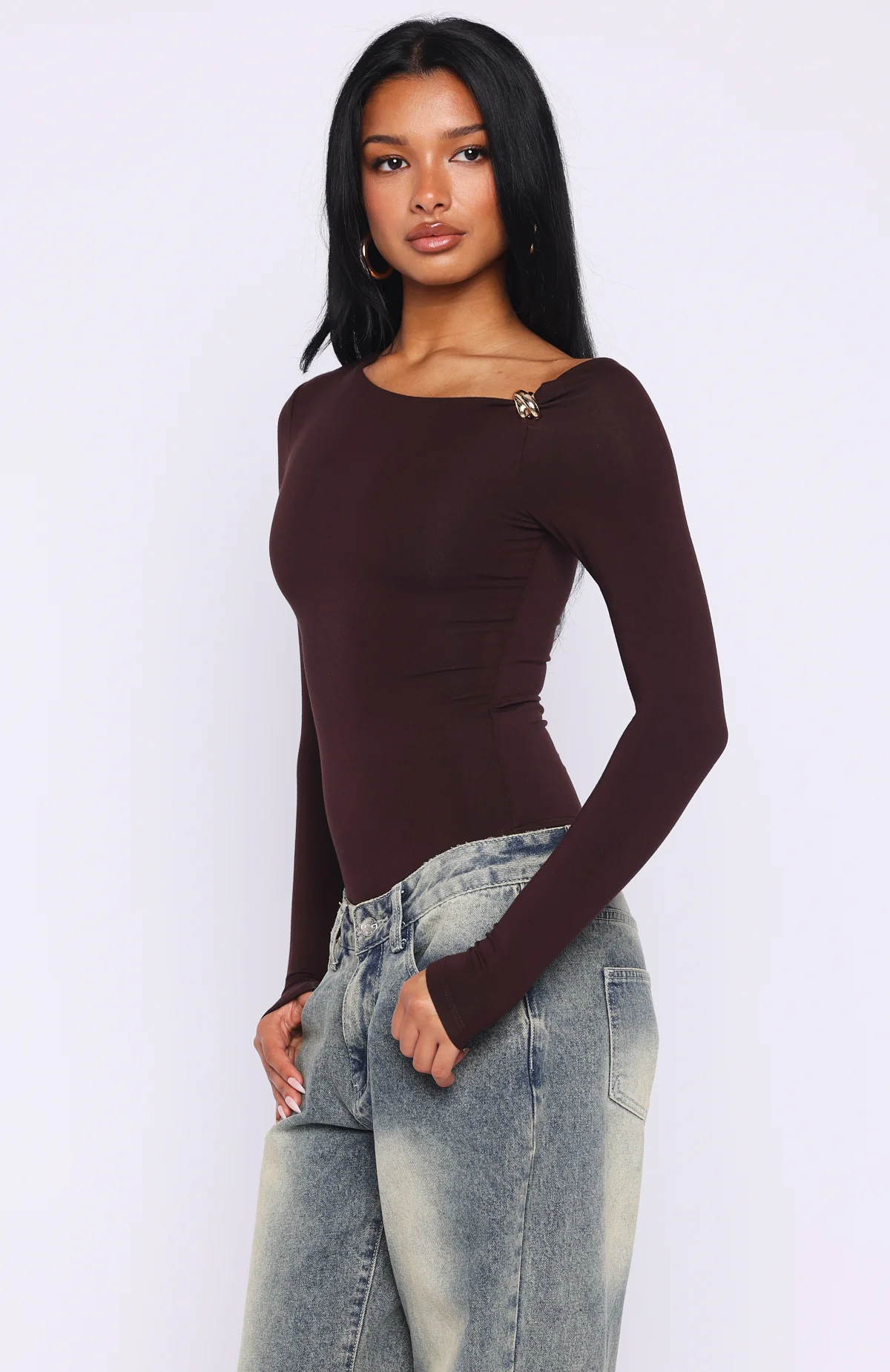 Double Down Long Sleeve Bodysuit Dark Chocolate