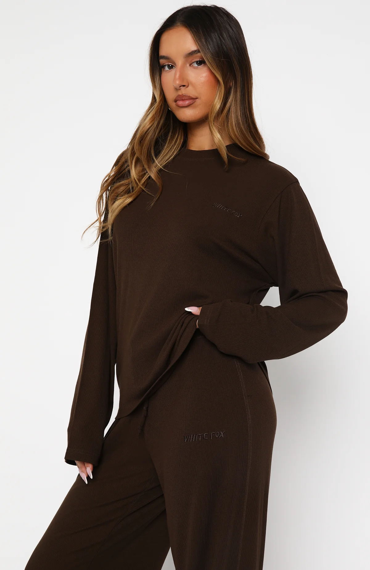 Come A Long Way Soft Lounge Long Sleeve Ribbed Tee Chocolate