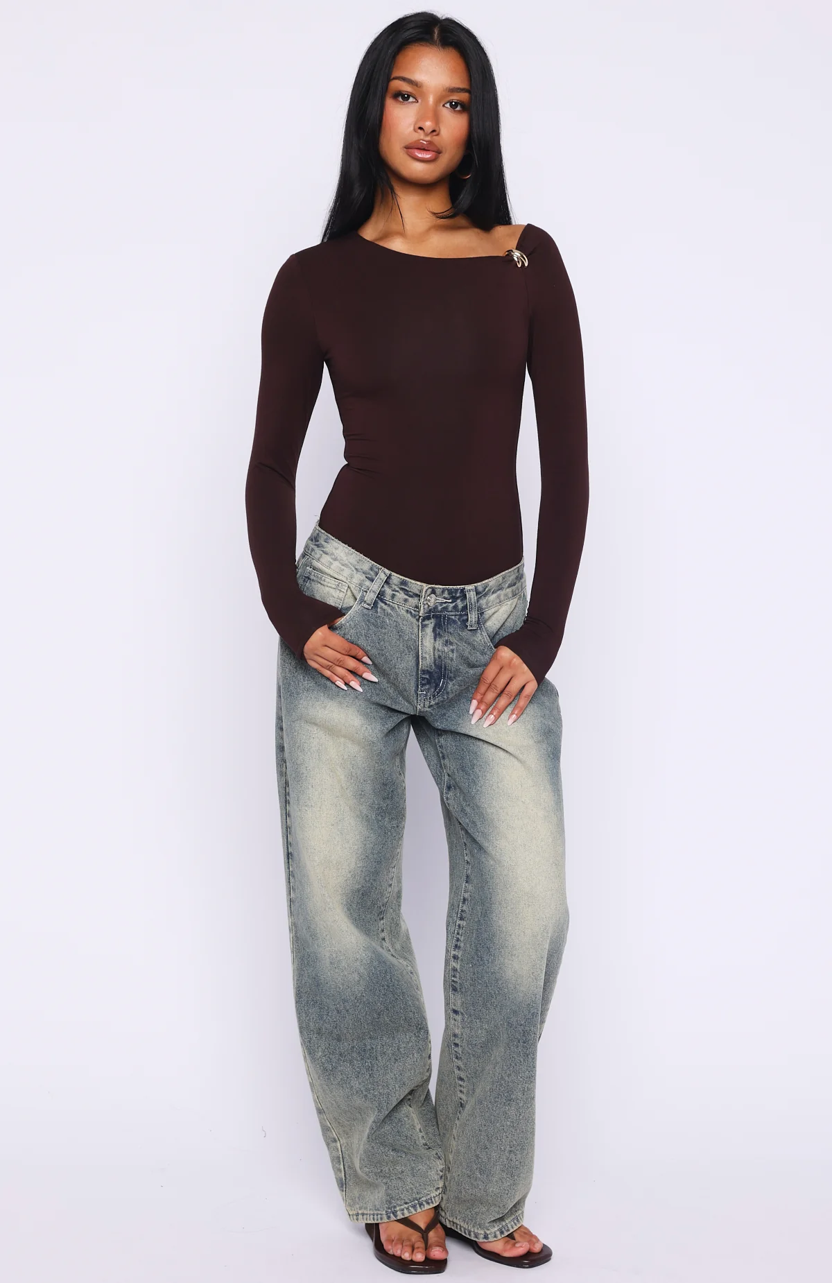 Double Down Long Sleeve Bodysuit Dark Chocolate