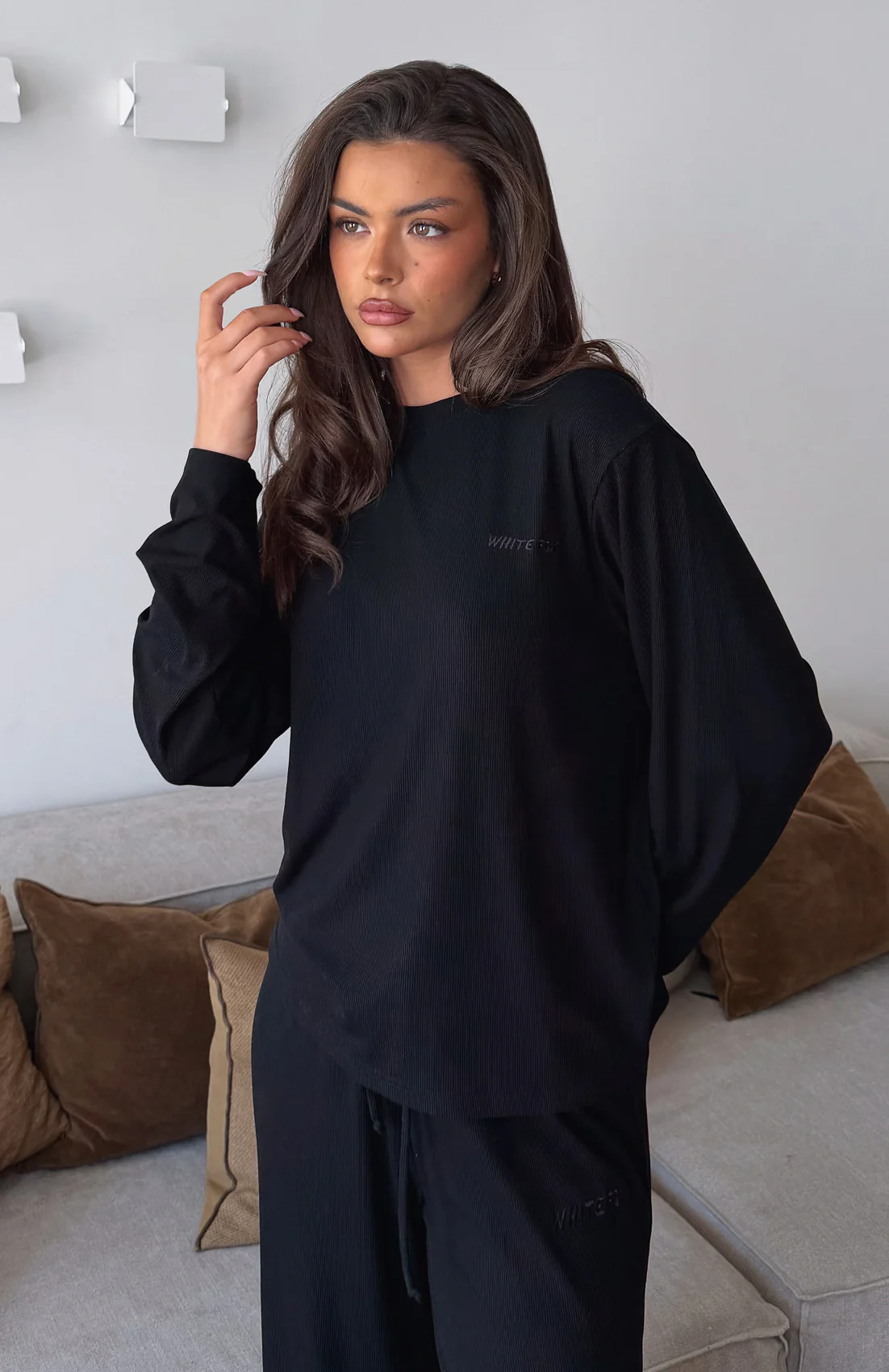 Come A Long Way Soft Lounge Long Sleeve Ribbed Tee Black