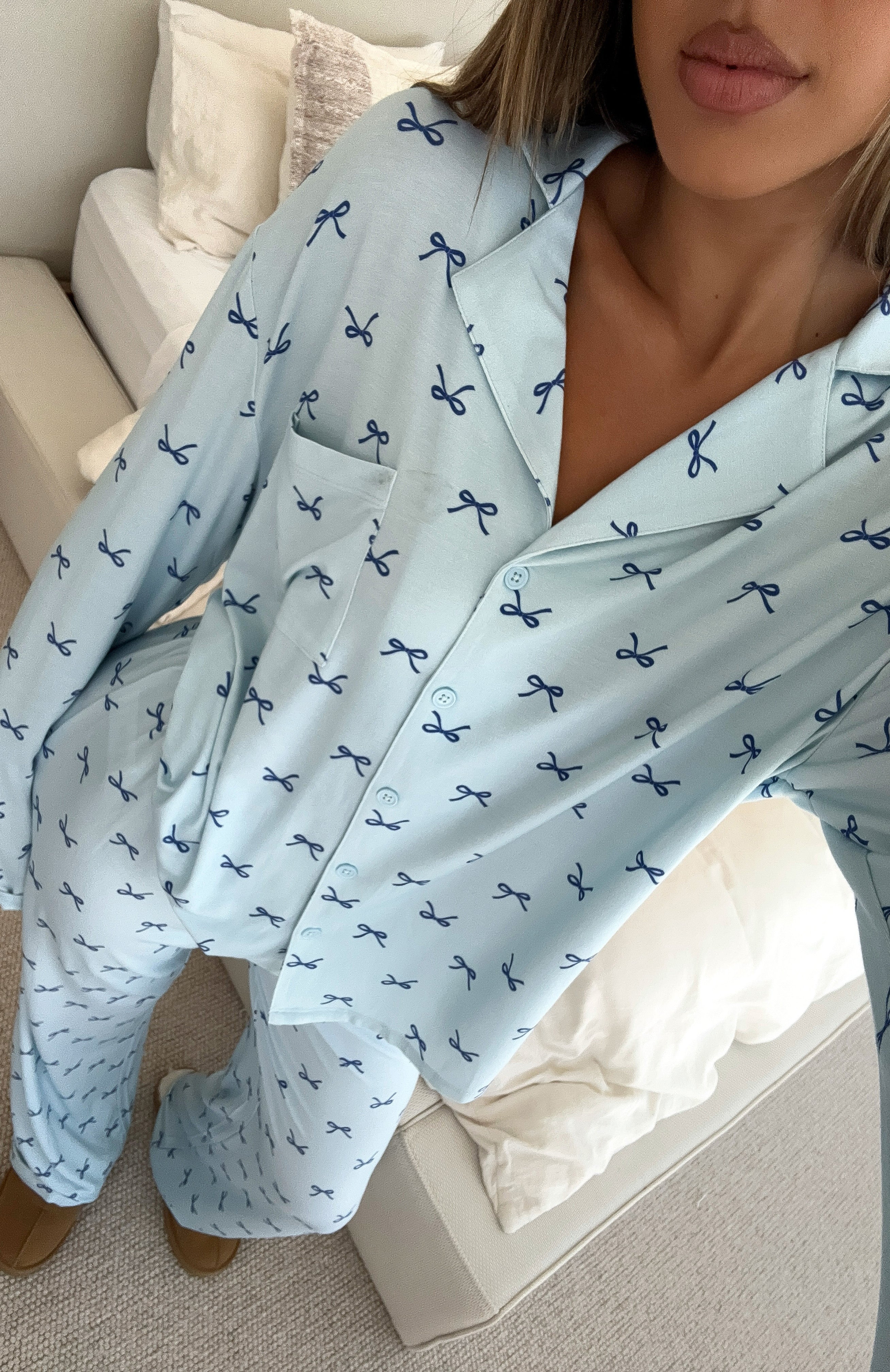Pillow Talk Printed Long Sleeve Pyjama Set Sky Ribbons