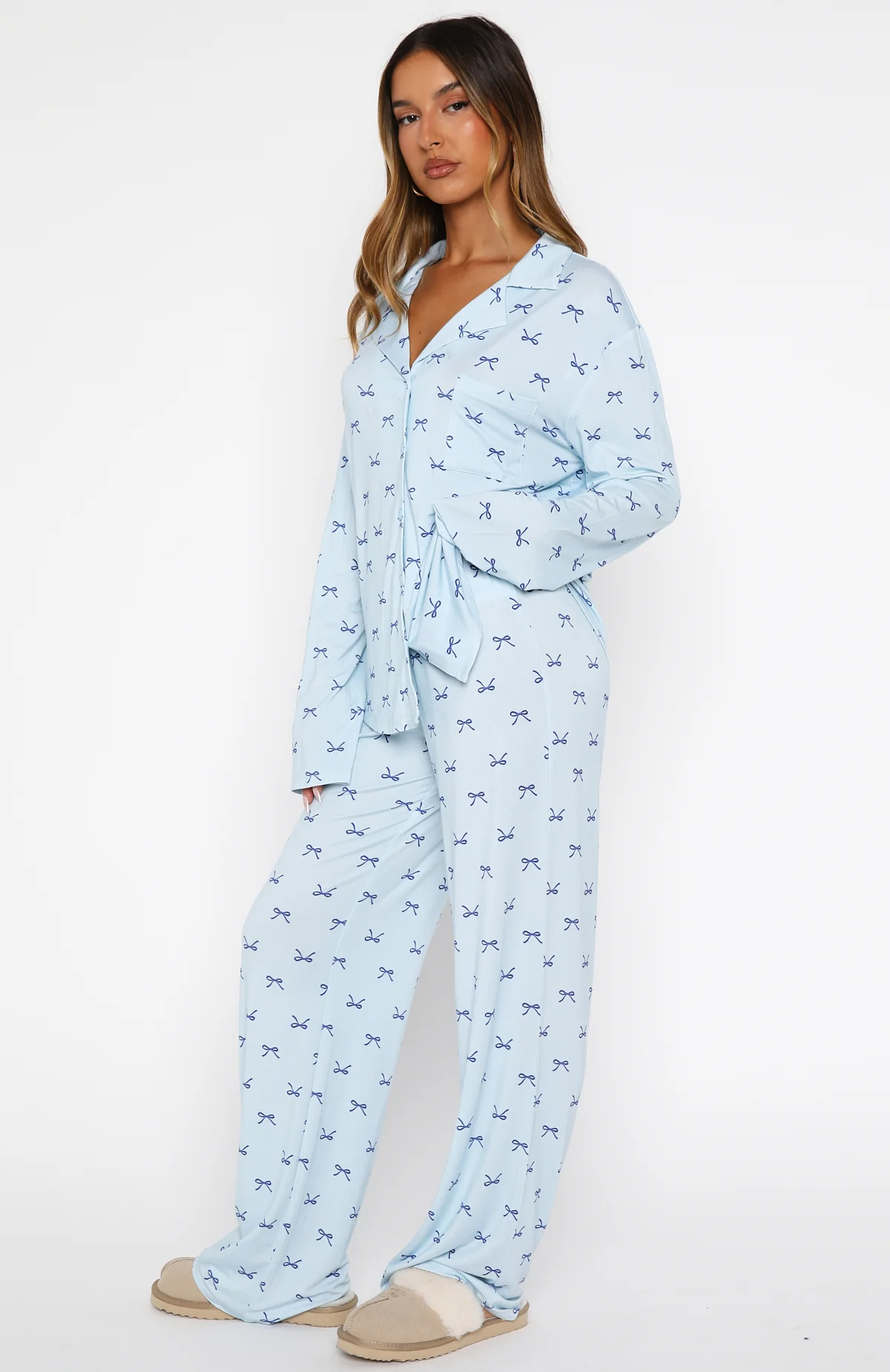 Pillow Talk Printed Long Sleeve Pyjama Set Sky Ribbons