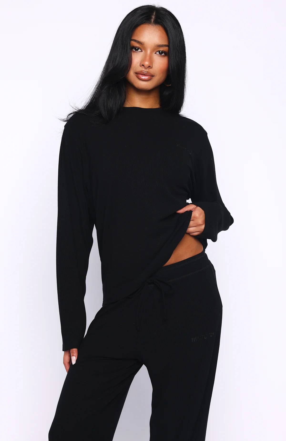 Come A Long Way Soft Lounge Long Sleeve Ribbed Tee Black