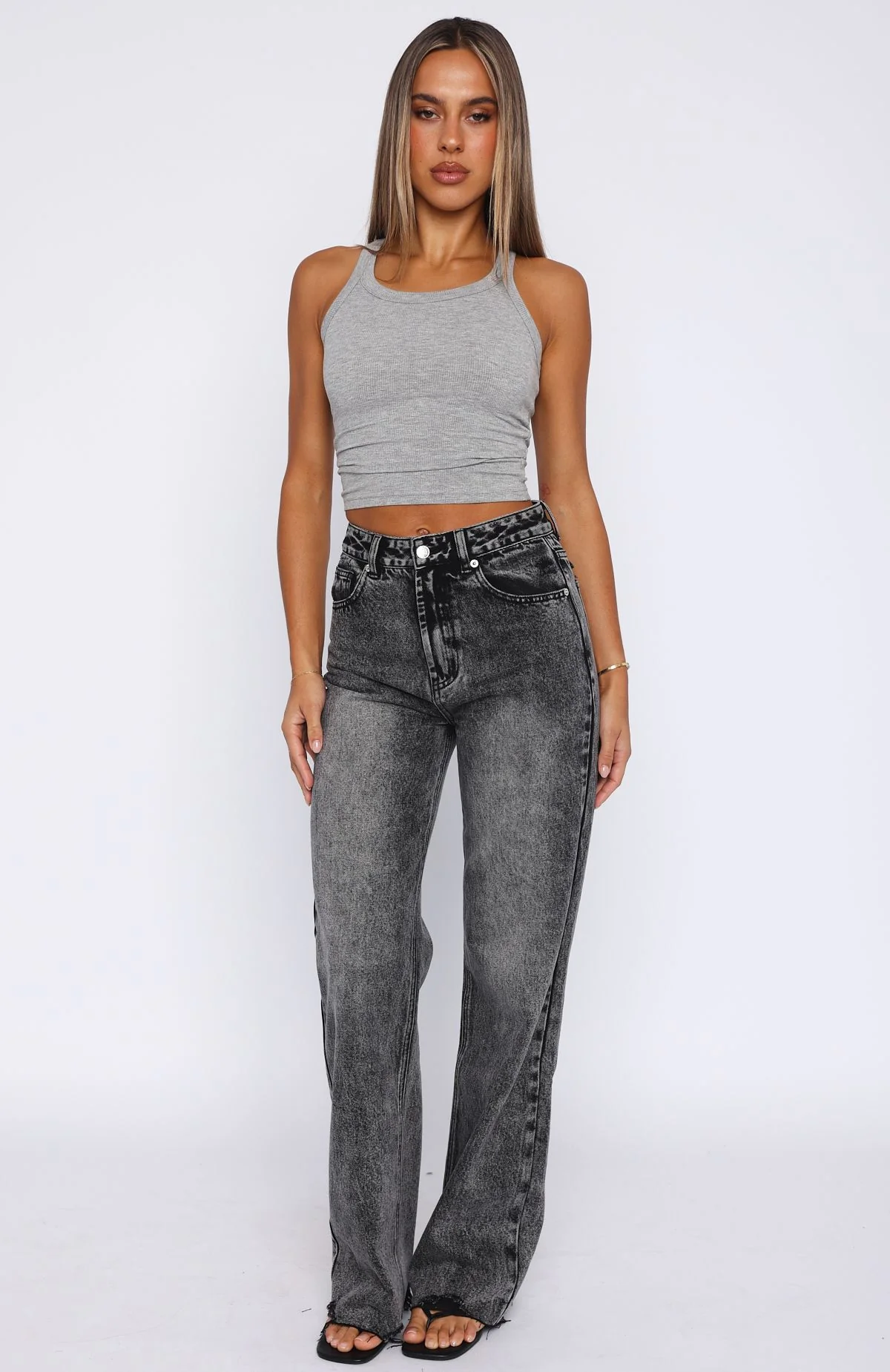 Alana High Waisted Straight Leg Jeans Grey Acid