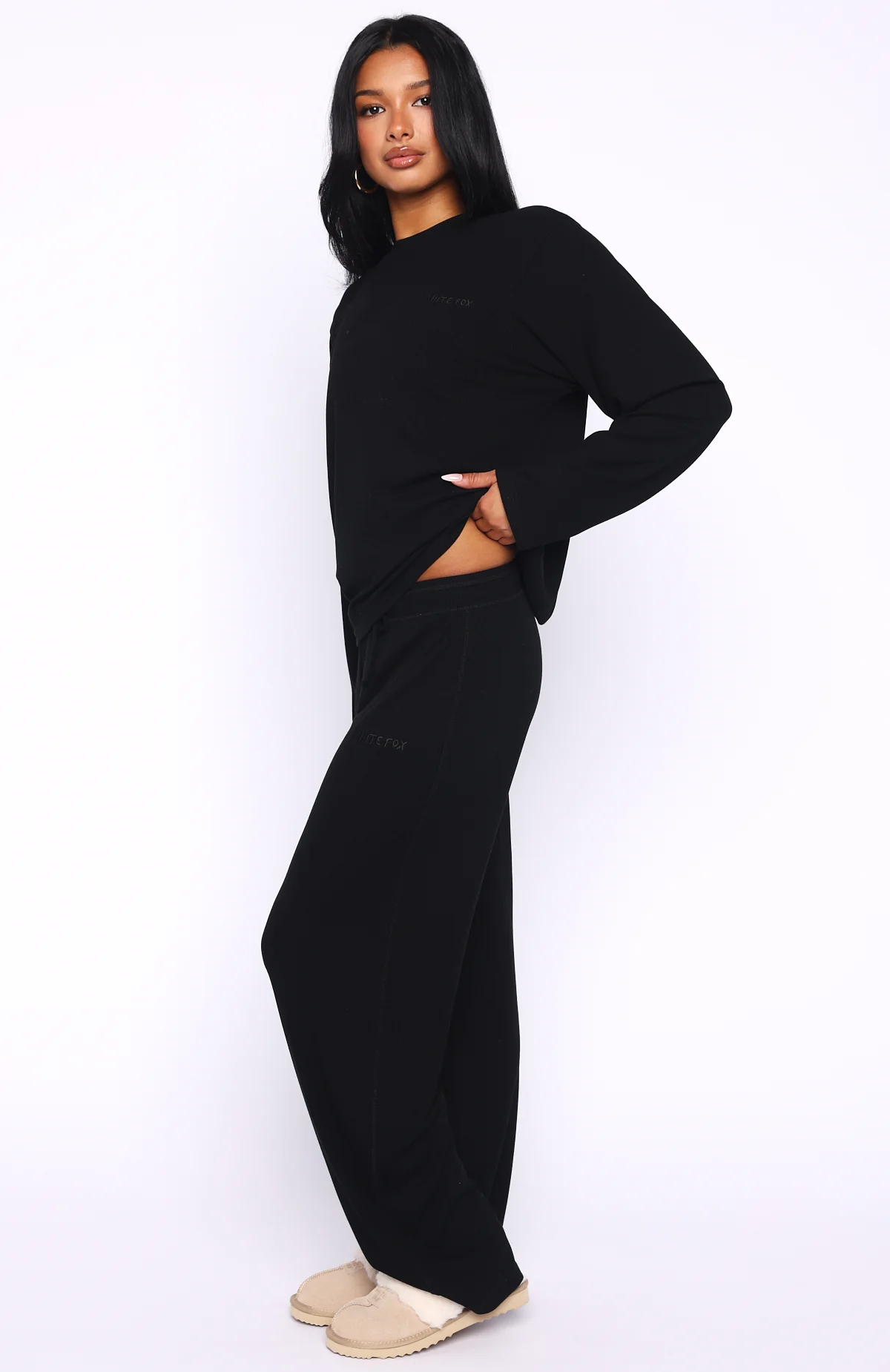 Come A Long Way Soft Lounge Ribbed Wide Leg Pants Black