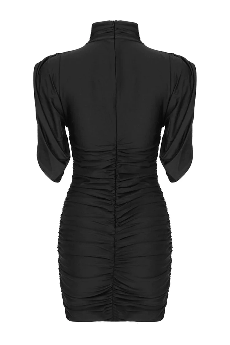 Classy Rosette Trim High Neck Draped Sleeve Ruched Party Mini Dress - Black