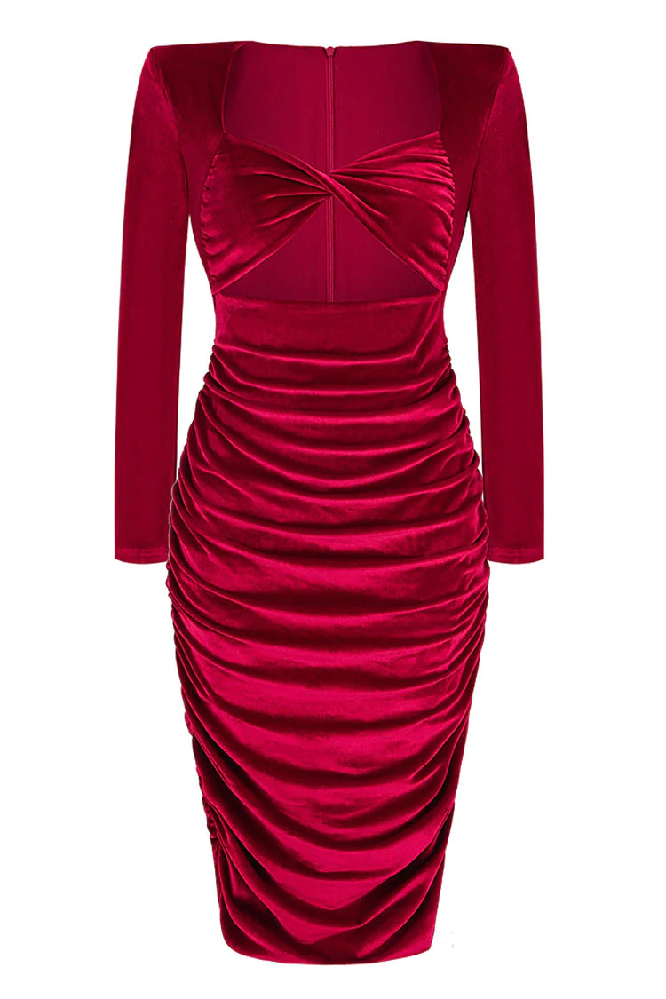 Sexy Twist Front Cutout Shoulder Pad Velvet Ruched Cocktail Midi Dress - Burgundy