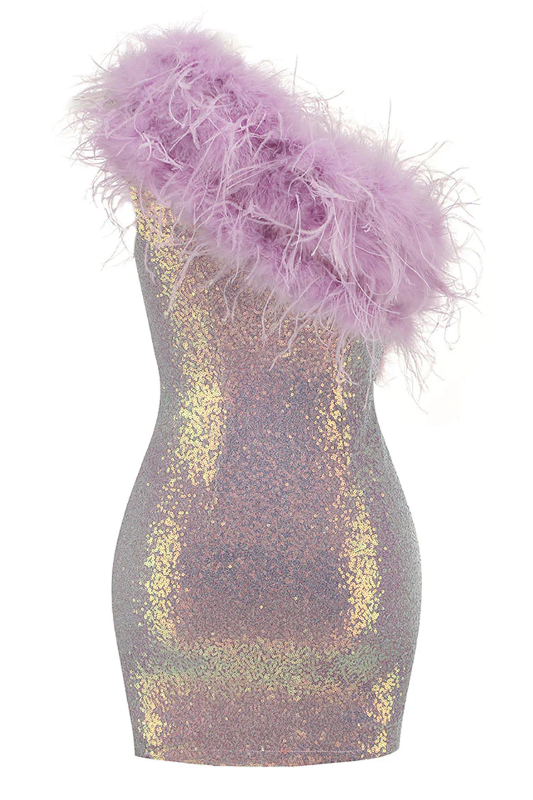 Iridescent Sequin One Shoulder Feather Trim Party Midi Dress - Lilac