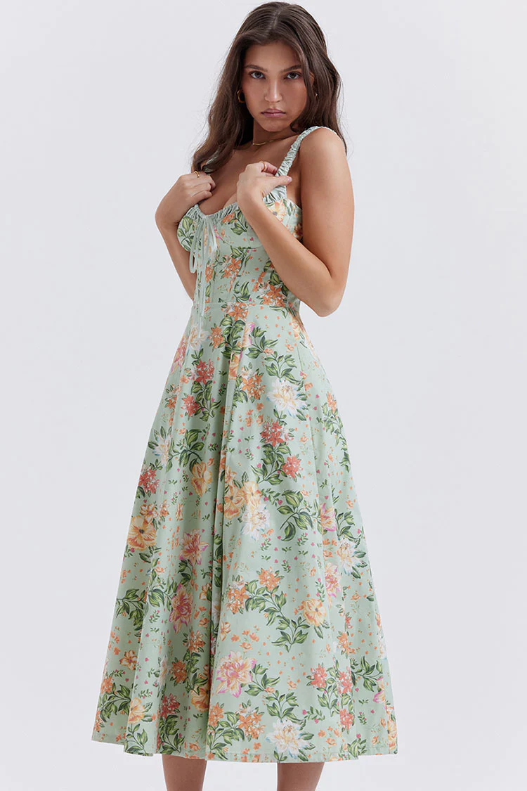 Sexy Tie Neck High Split Floral Printed Summer Midi Sundress - Green