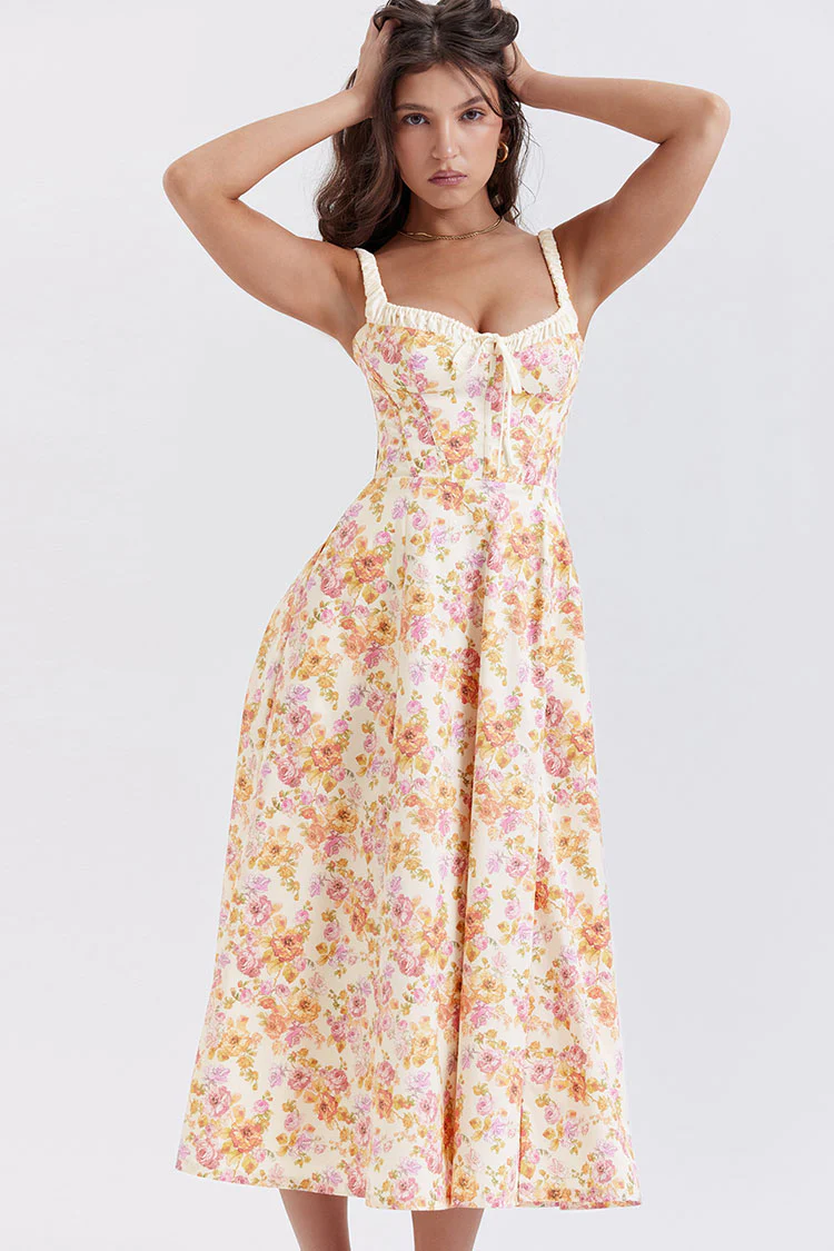 Sexy Tie Neck High Split Floral Printed Summer Midi Sundress - Beige