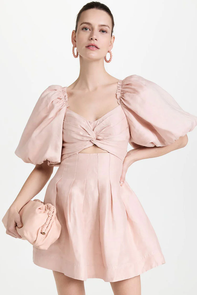 Sweet Ruched Knot Puff Sleeve Pleated Trim Cotton Blend Mini Dress - Pink