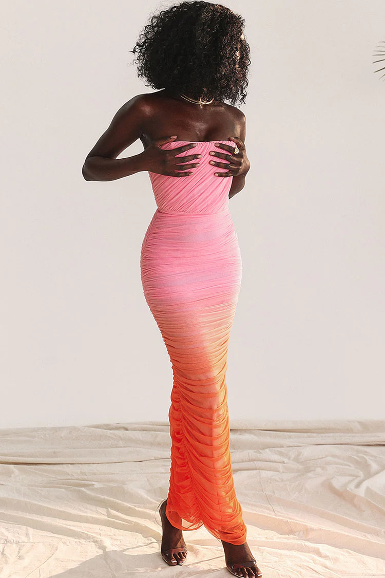 Gradient Strapless Mesh Ruched Bodycon Corset Evening Maxi Dress - Pink
