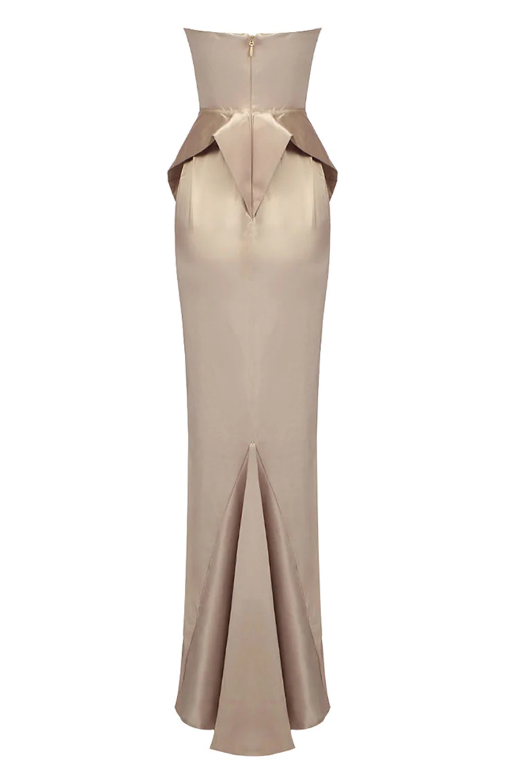 Silky Satin Strapless Hourglass Peplum Waist Fishtail Evening Maxi Dress - Light Tan
