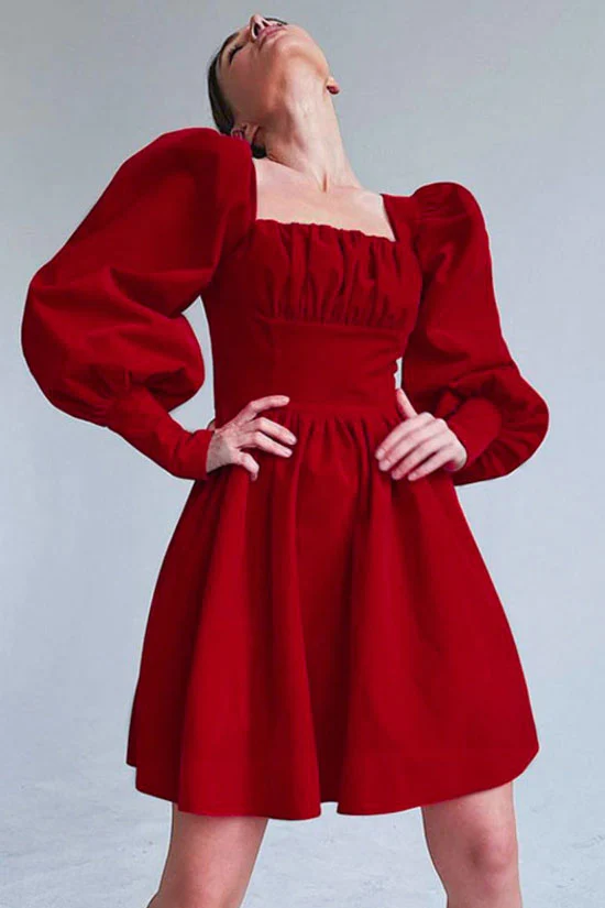 Christmas Square Neck Puff Sleeve Fit & Flare Velvet Party Mini Dress - Red