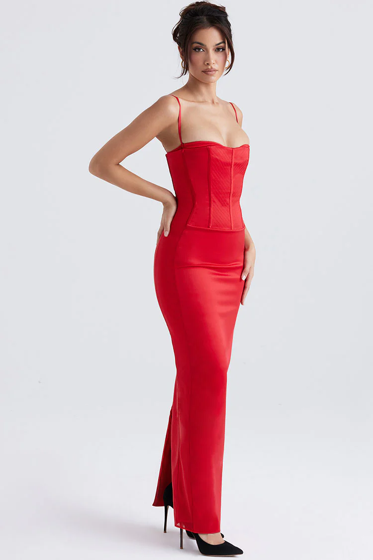 Holiday Sweetheart Corset Cami Sleeveless Satin Evening Maxi Dress - Red