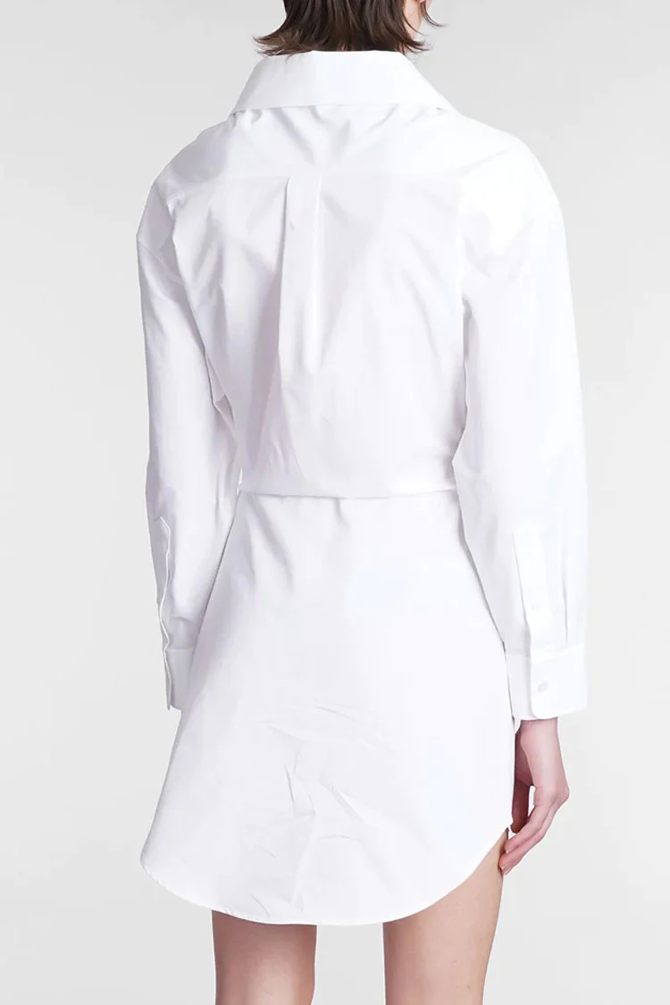 Sparkly Tie Waist Collared Long Sleeve Button Down Mini Shirt Dress - White