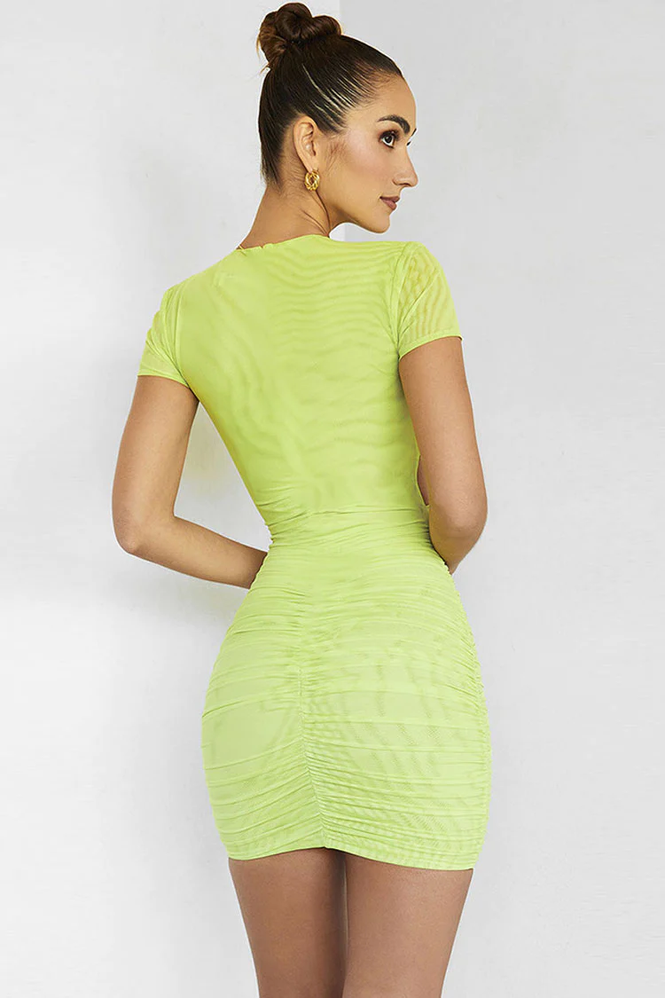 Stylish Short Sleeve Bodycon Ruched Cutout Club Mini Dress - Green