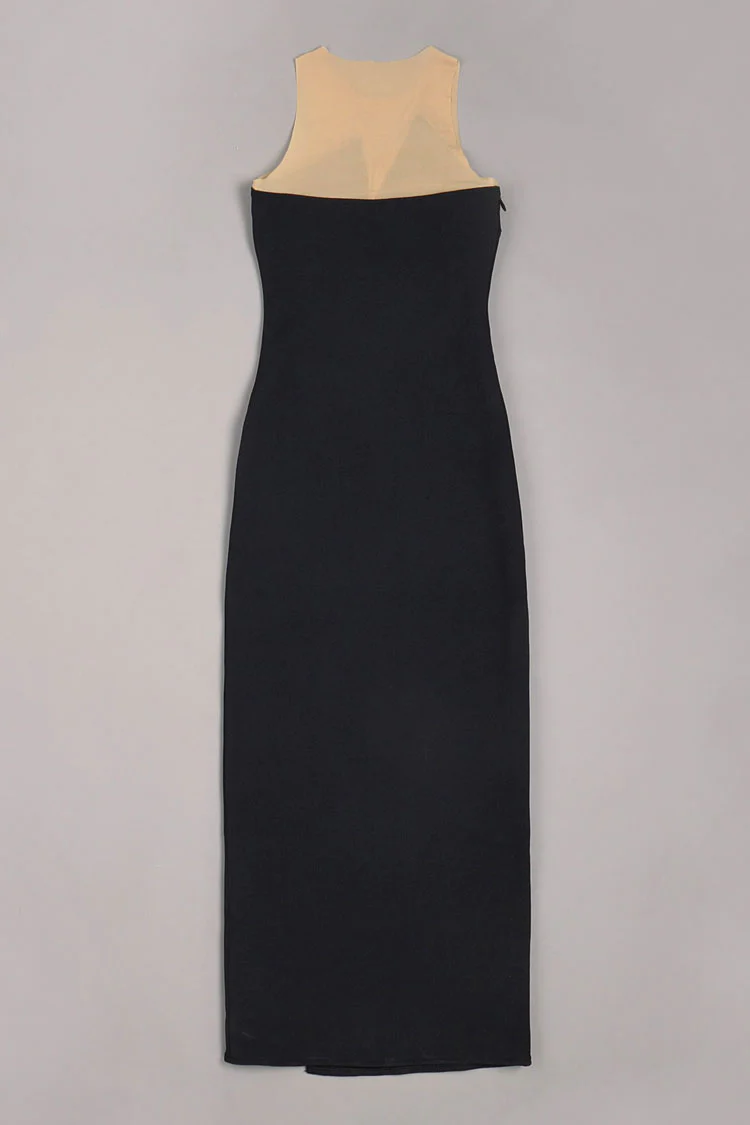 Sparkly Crocodile Embellished High Split Mesh Bandage Maxi Dress - Black